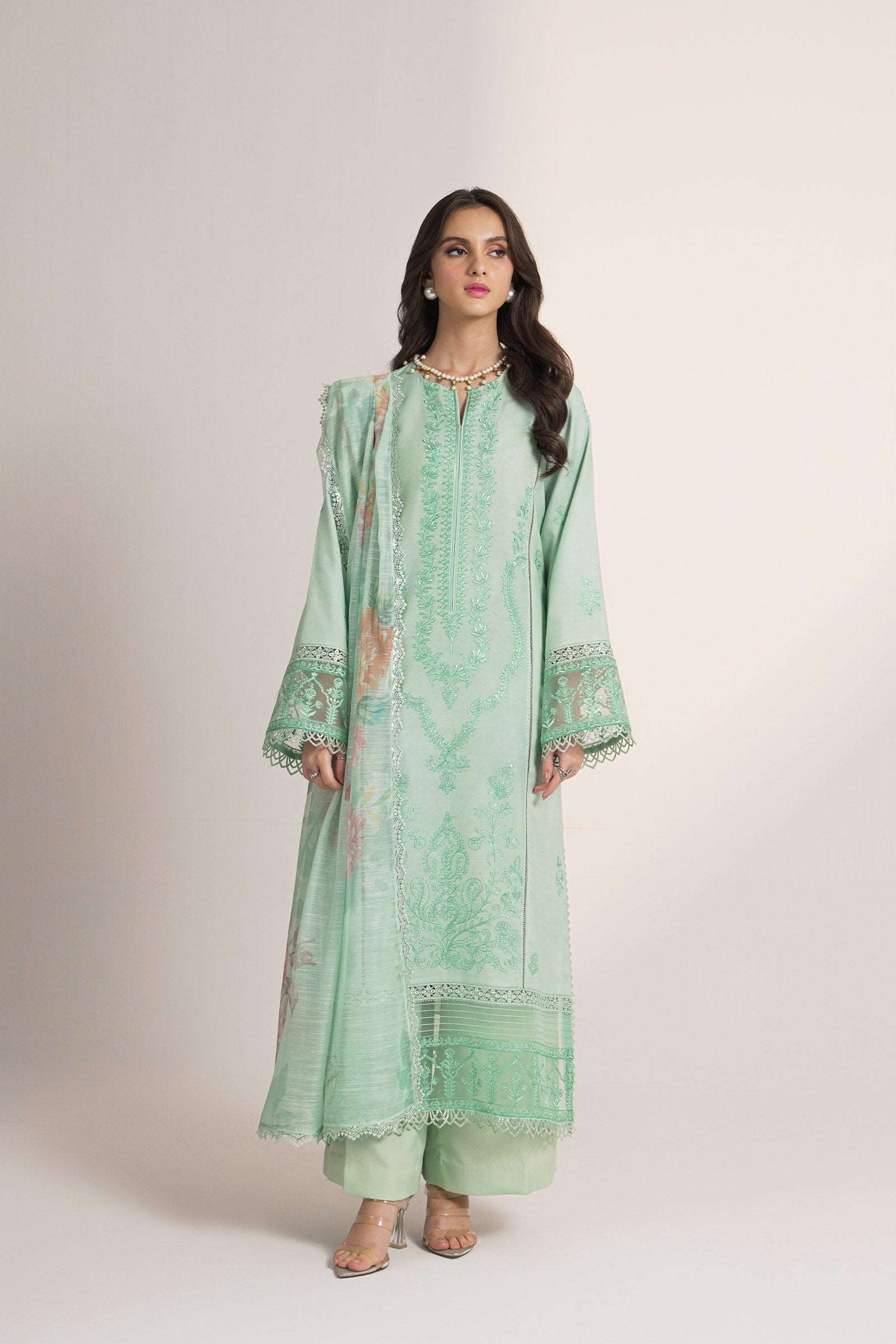 3 Piece Embroidered Raw Silk Suit