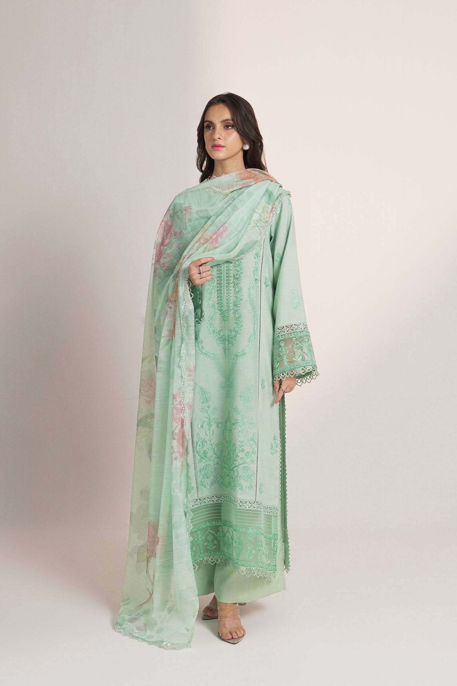 3 Piece Embroidered Raw Silk Suit