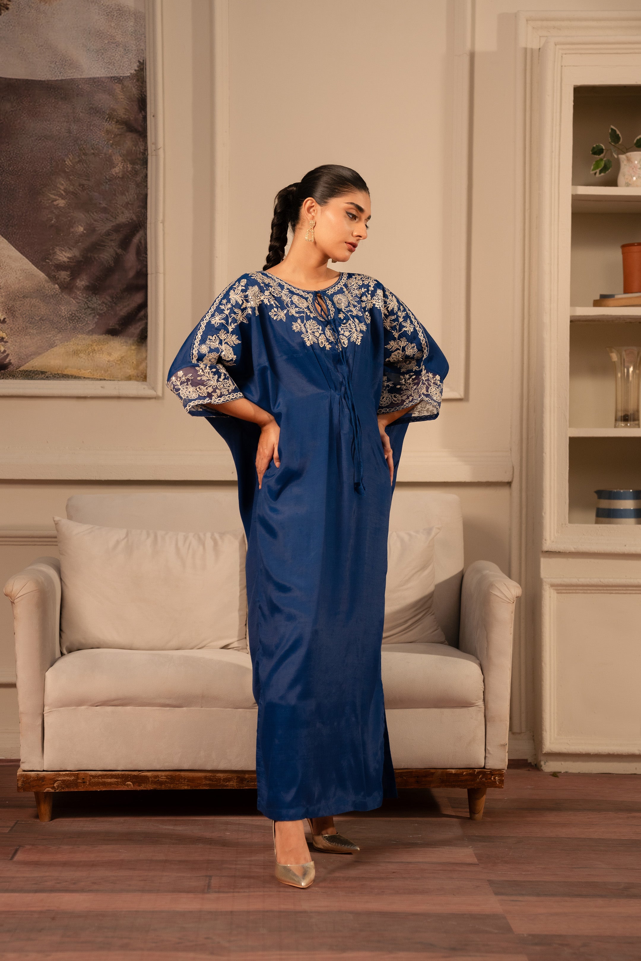 1 Piece Raw Silk Kaftan design Blue