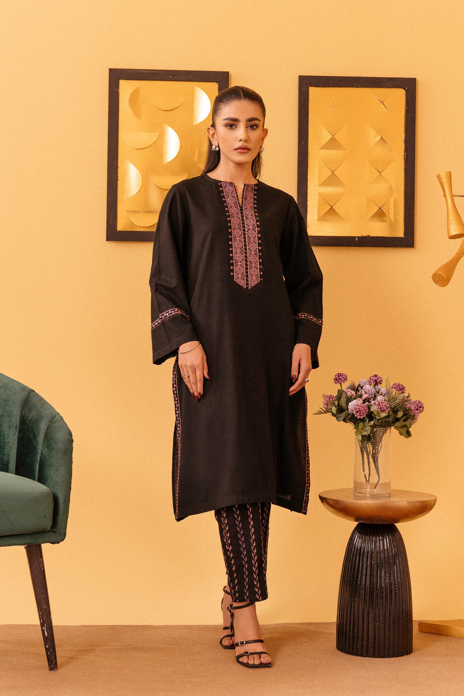 2 Piece Embroidered Khaddar Suit Black