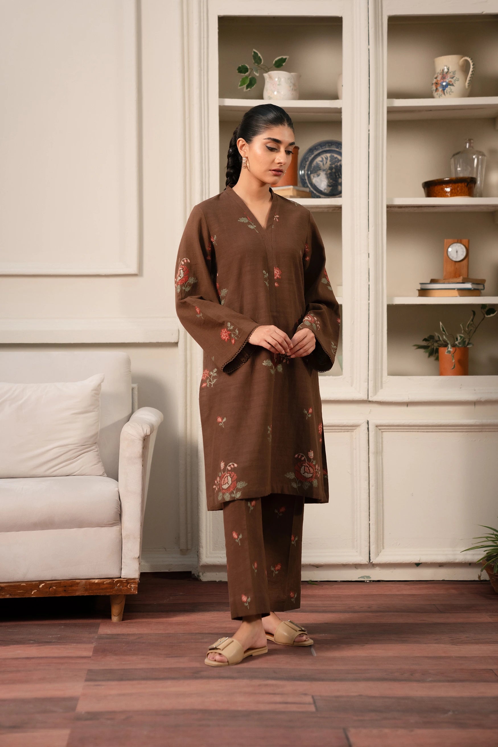 2 Piece Embroidered Khaddar Suit Brown