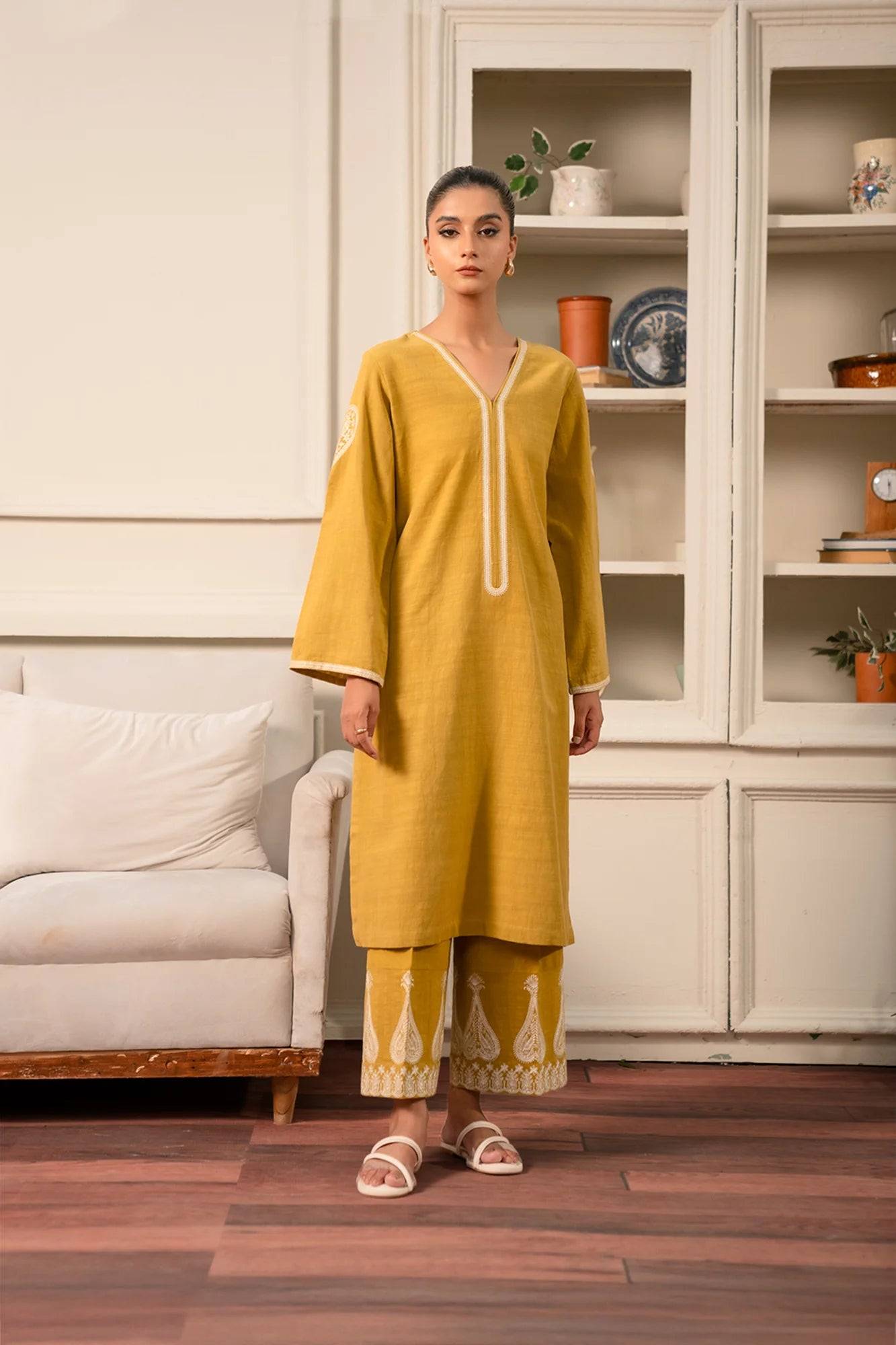 2 Piece Embroidered Khaddar Suit Mustard