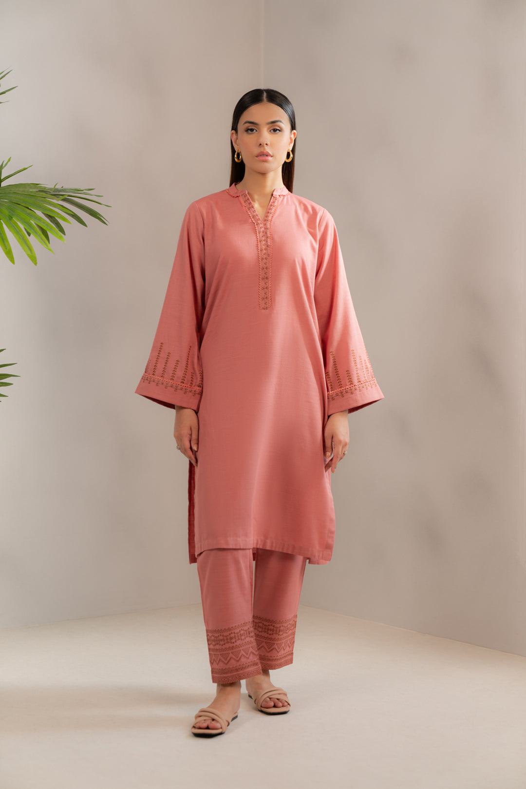 2 Piece Embroidered Khaddar Suit Pink