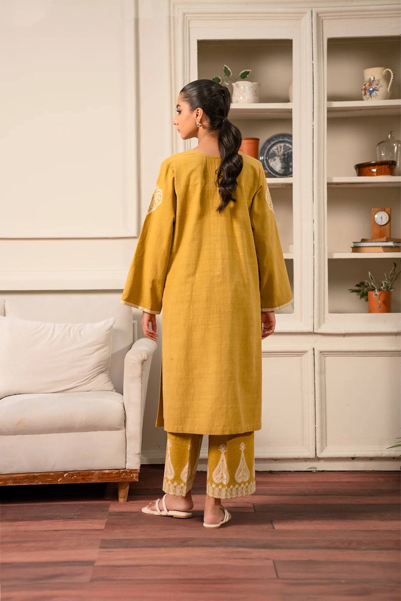 2 Piece Embroidered Khaddar  design Mustard