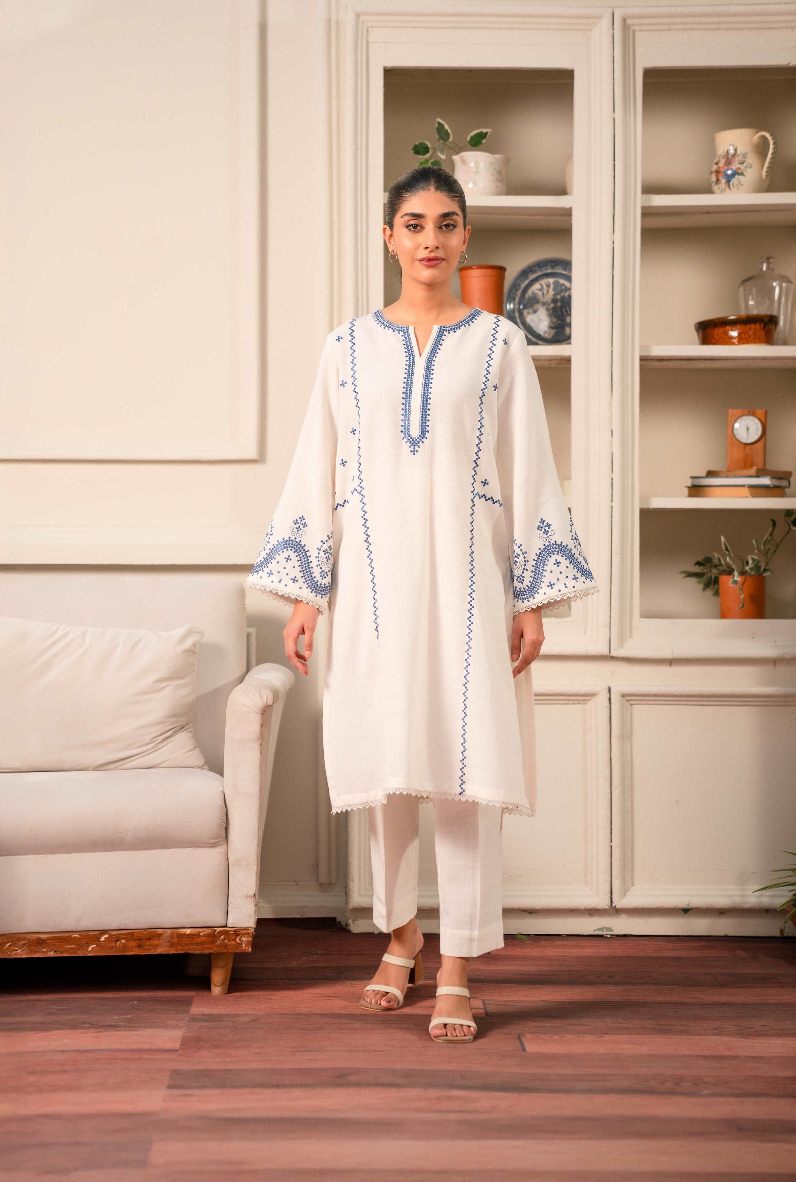 2 Piece Embroidered Linen Suit White