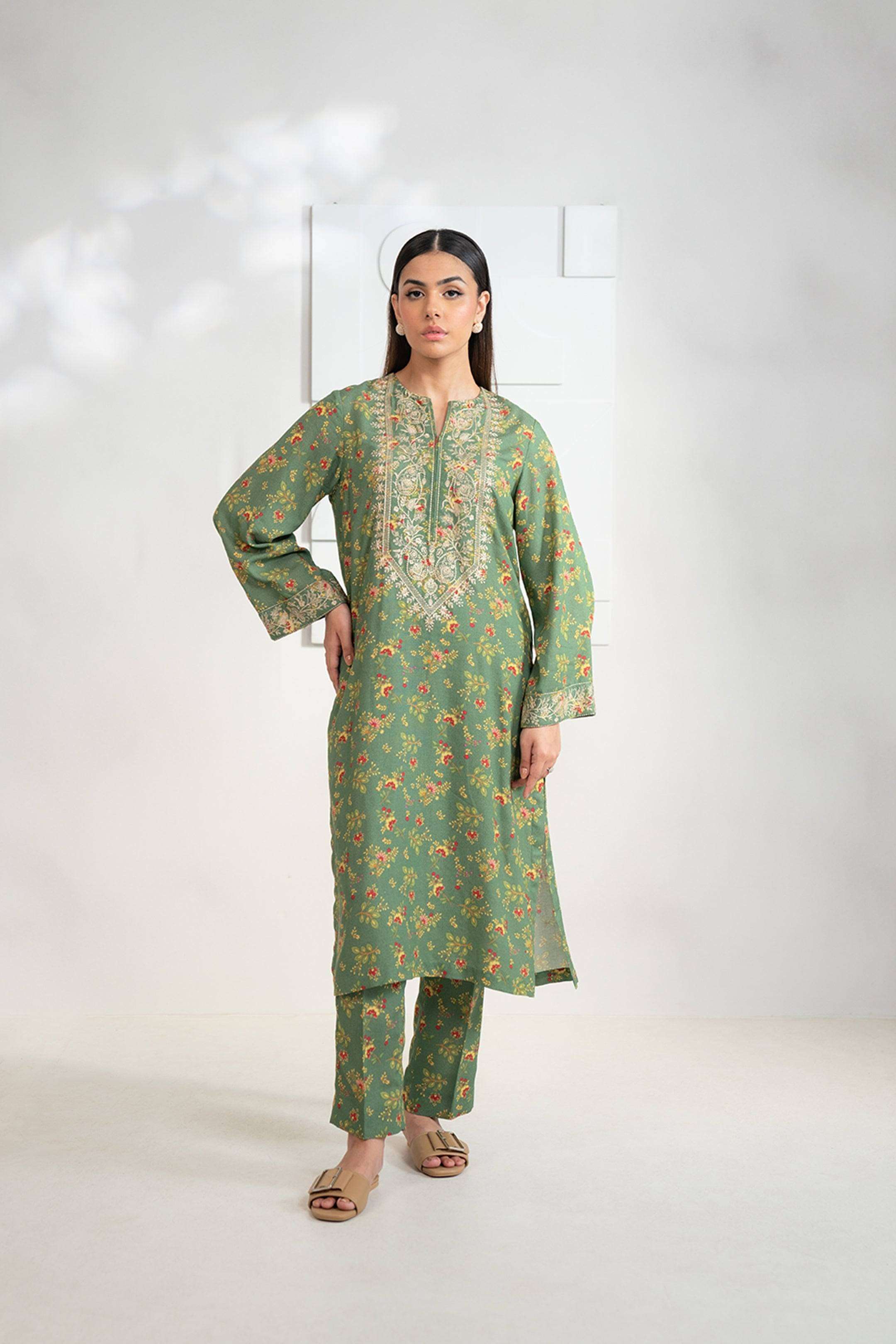 2 Piece Karandi Printed Suit Green