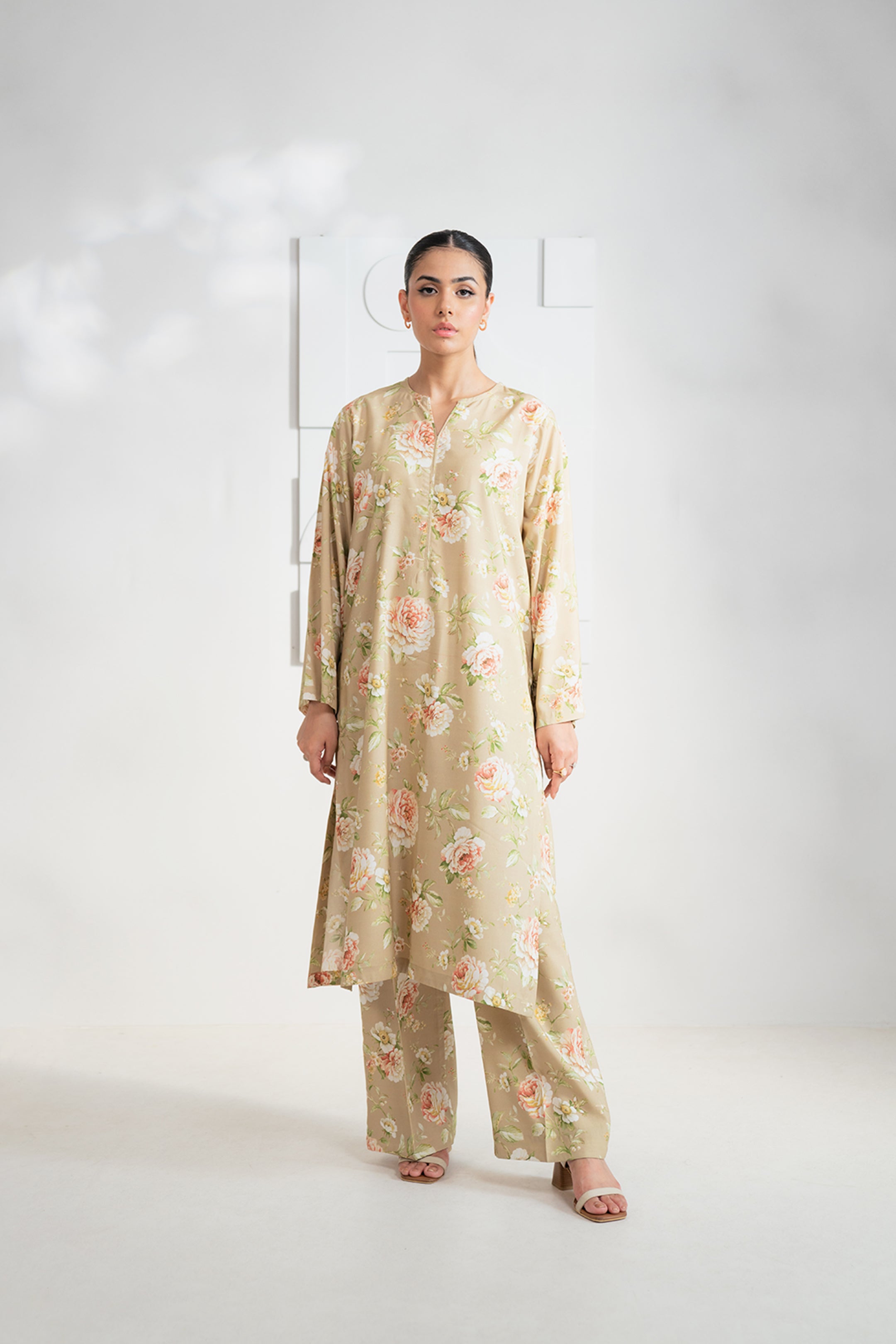 2 Piece Printed Linen Suit Beige