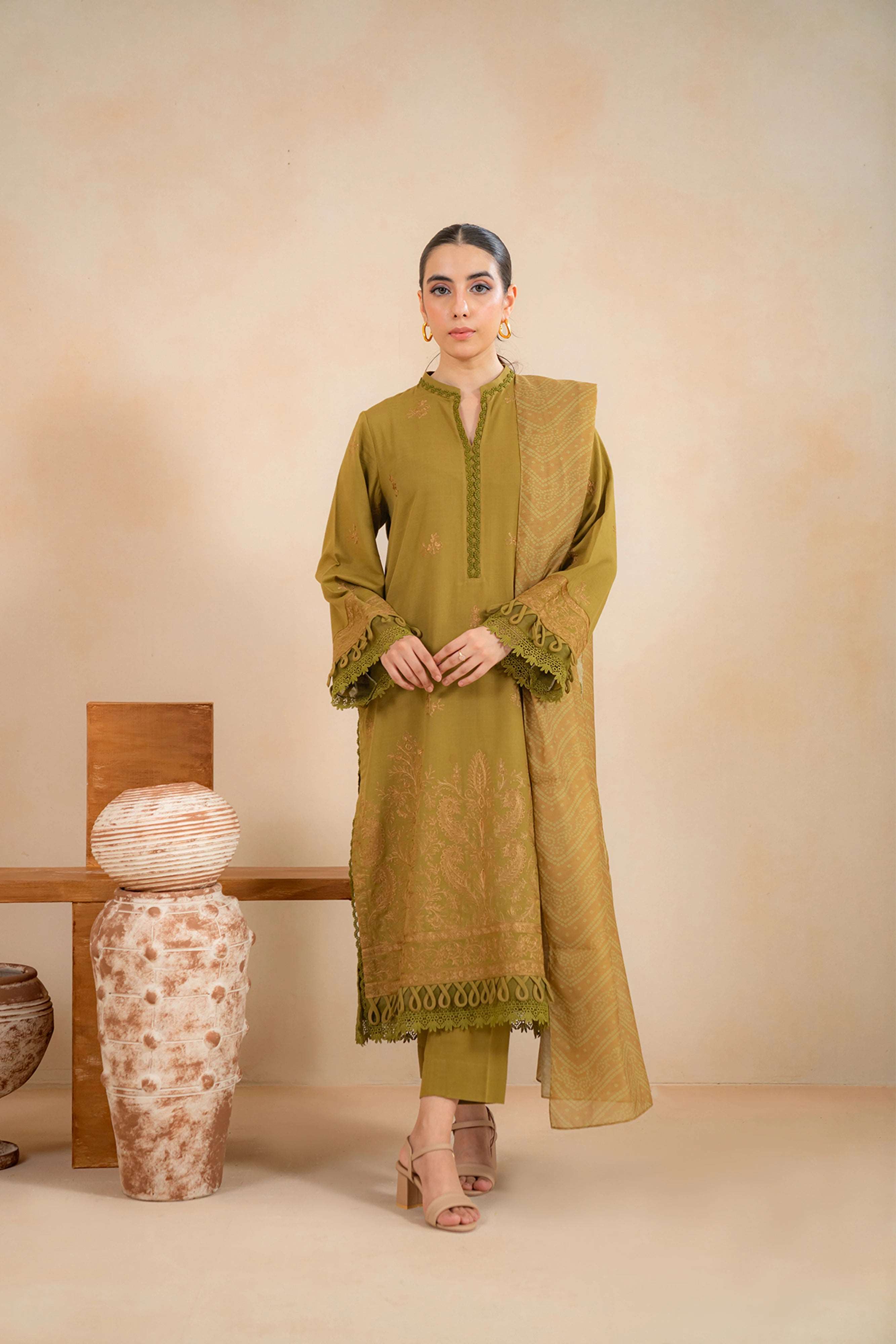 3 Piece Embroidered Khaddar Suit Olive