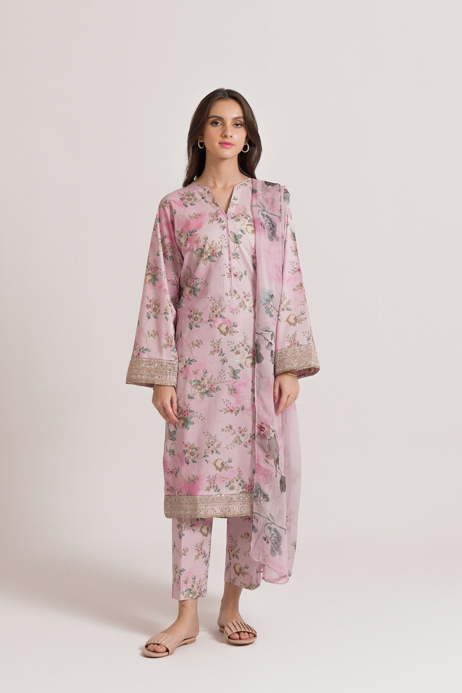 3 Piece Suit Pink (Lawn + Chiffon + Cambric)