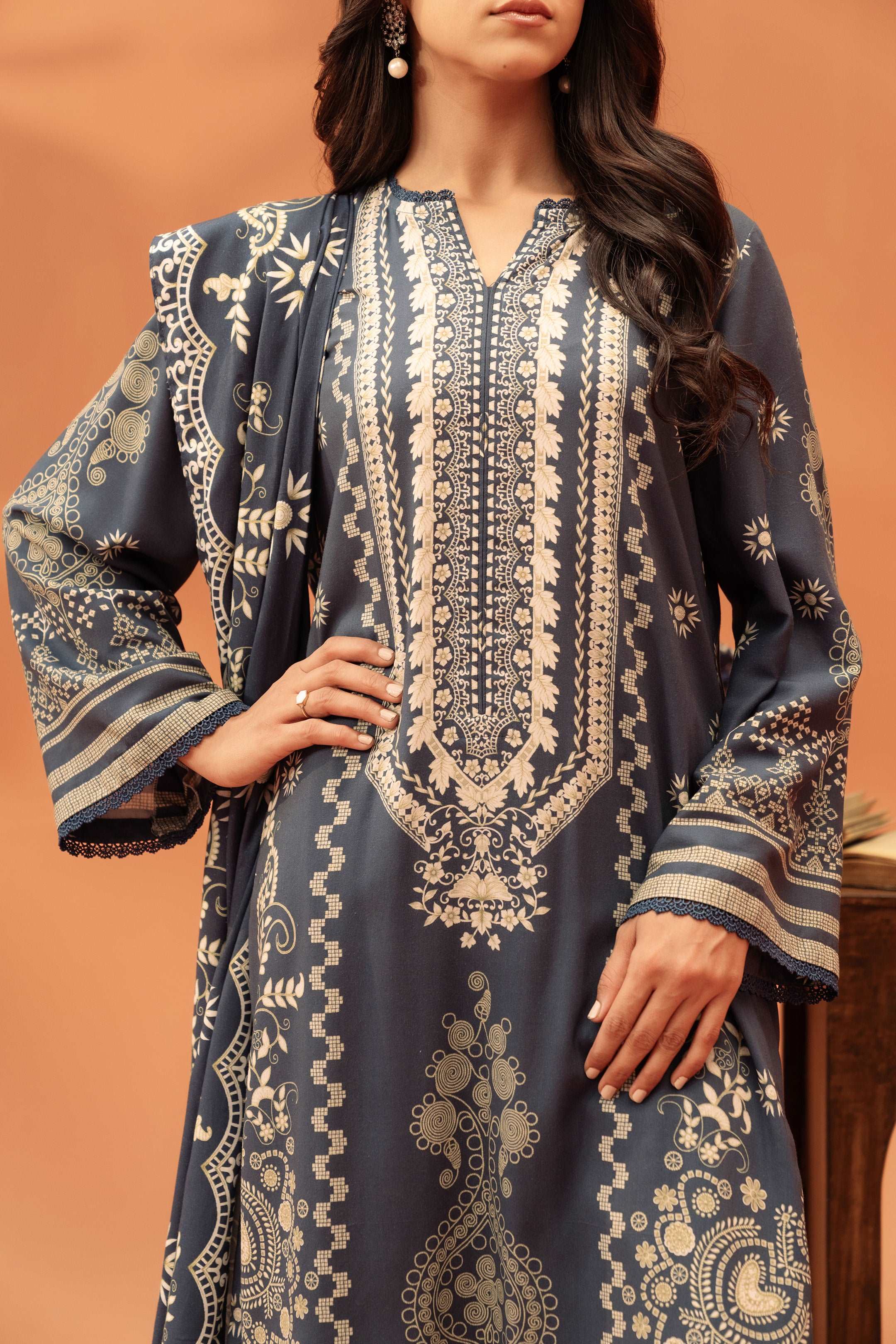 3 Piece Printed Linen Suit Unstitched Winter-24