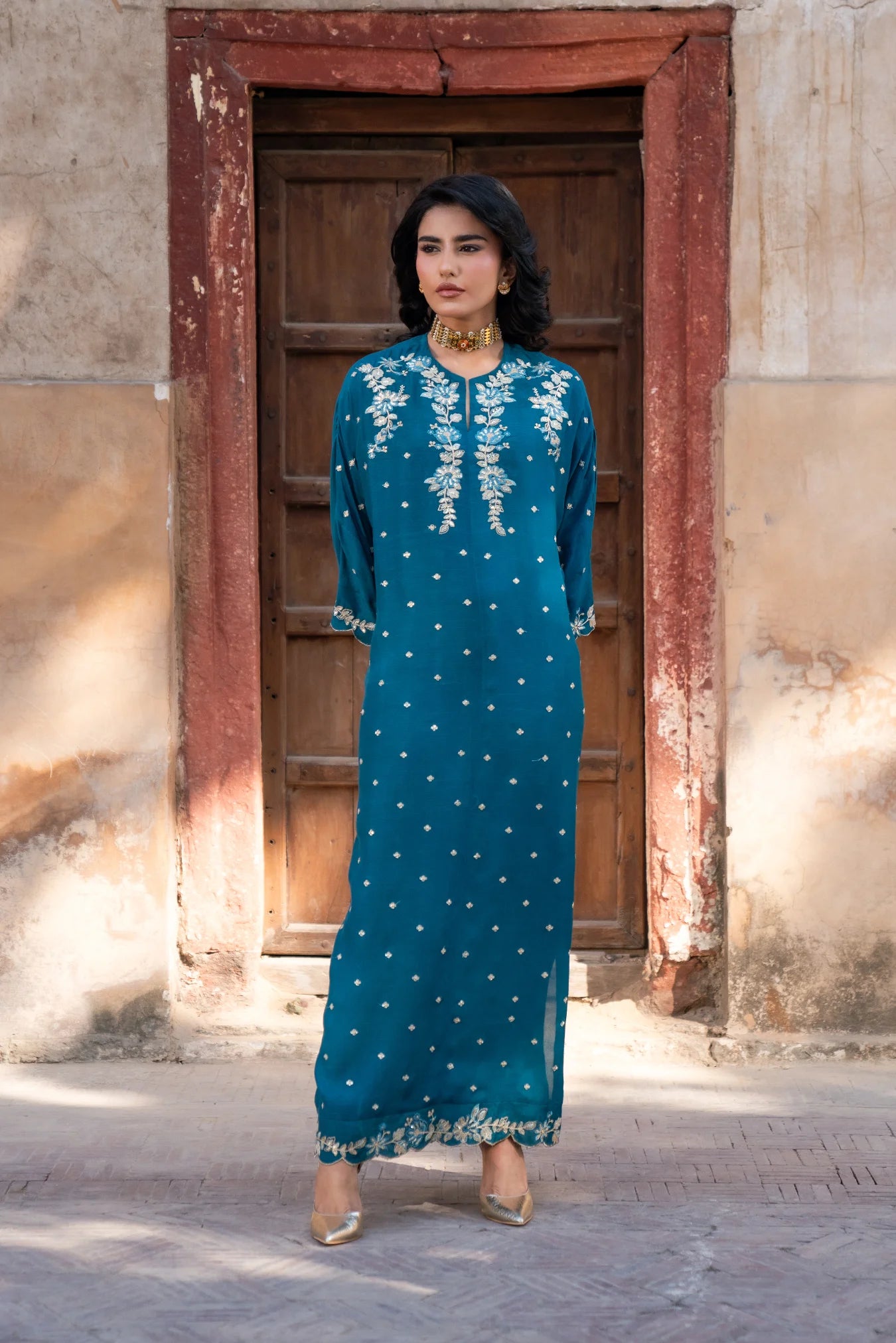 1 Piece Embroidered Raw Silk Kaftan