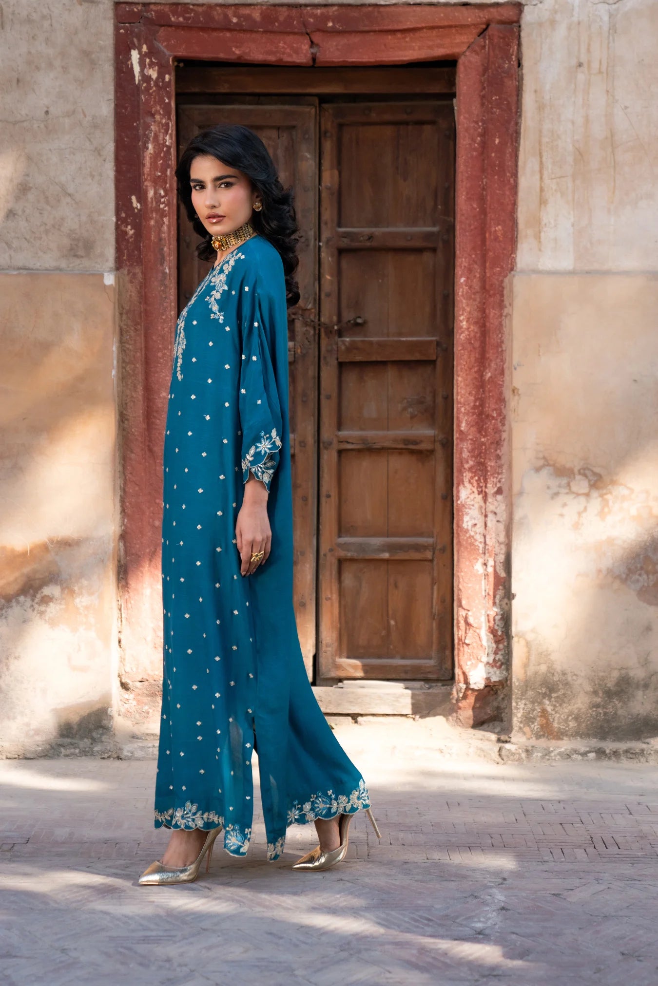 1 Piece Embroidered Raw Silk Kaftan