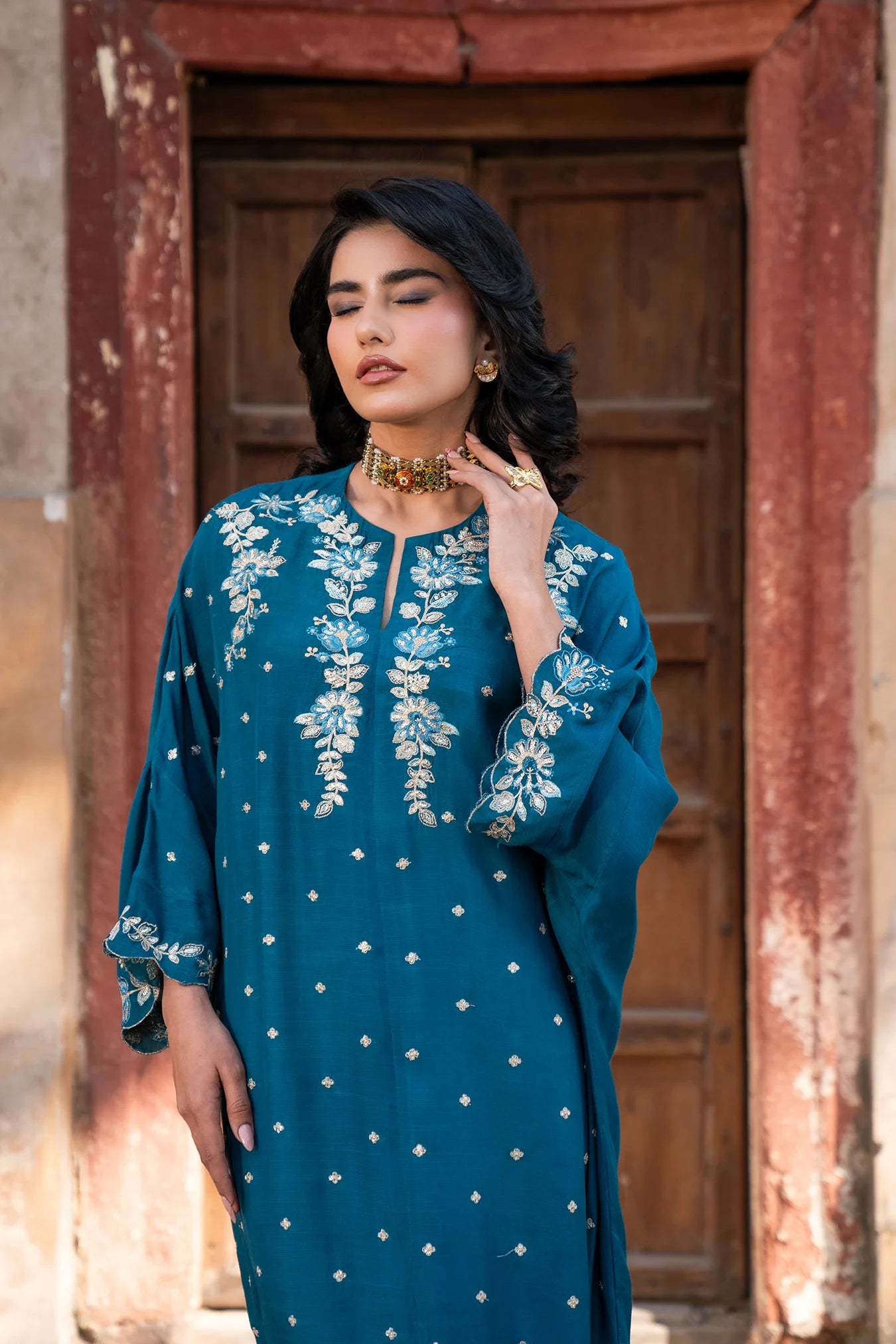 1 Piece Embroidered Raw Silk Kaftan