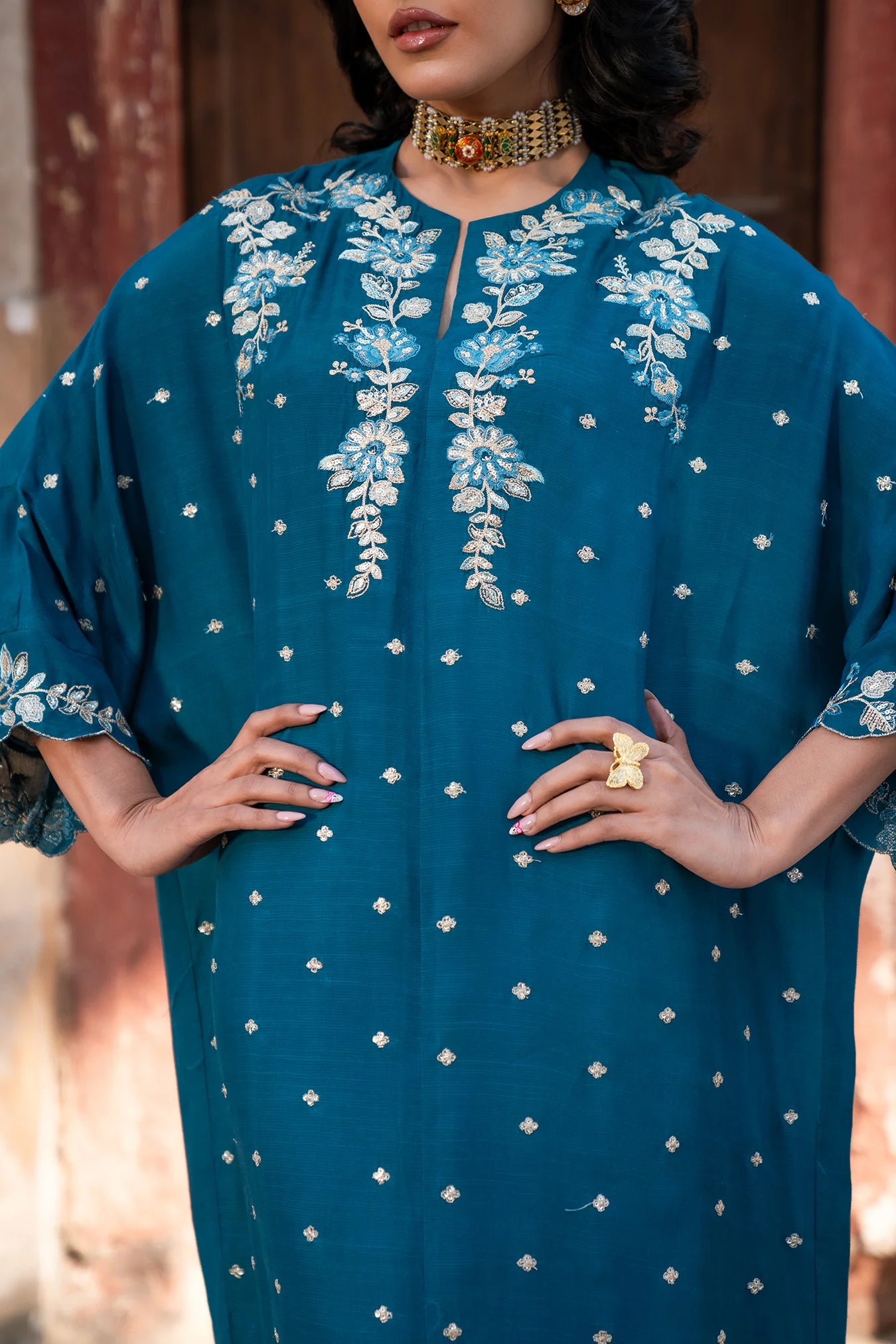 1 Piece Embroidered Raw Silk Kaftan