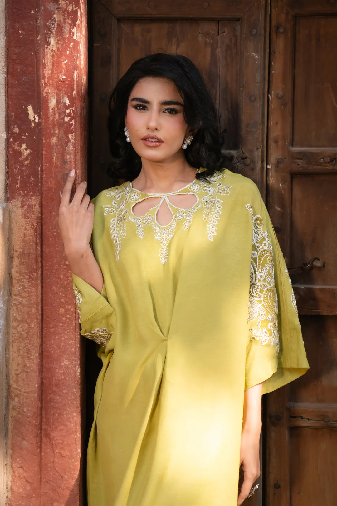 1 Piece Embroidered Raw Silk Kaftan