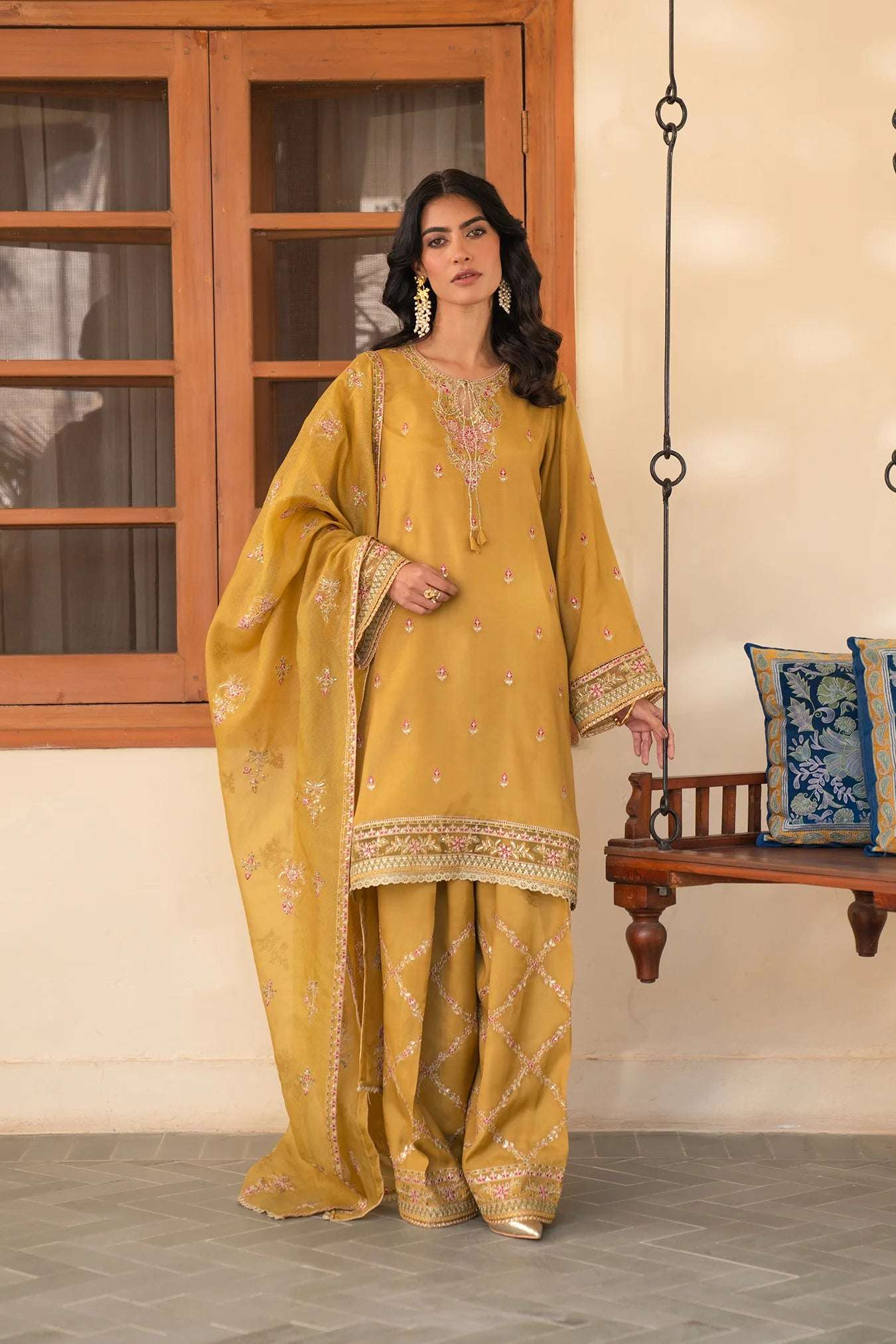 3 Piece Embroidered Raw Silk Suit