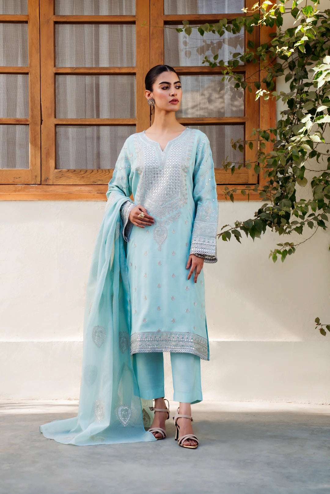 3 Piece Embroidered Raw Silk Suit