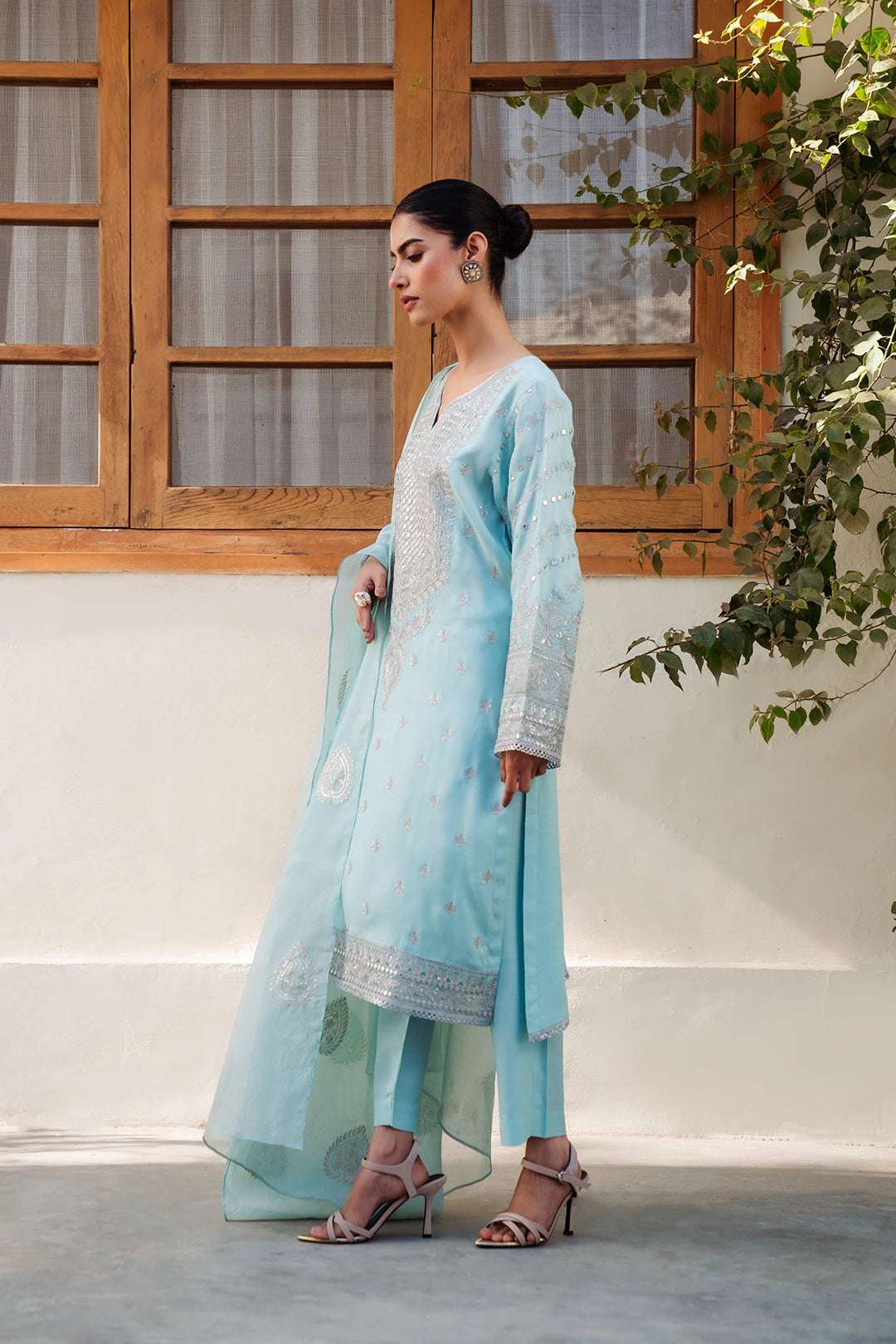 3 Piece Embroidered Raw Silk Suit