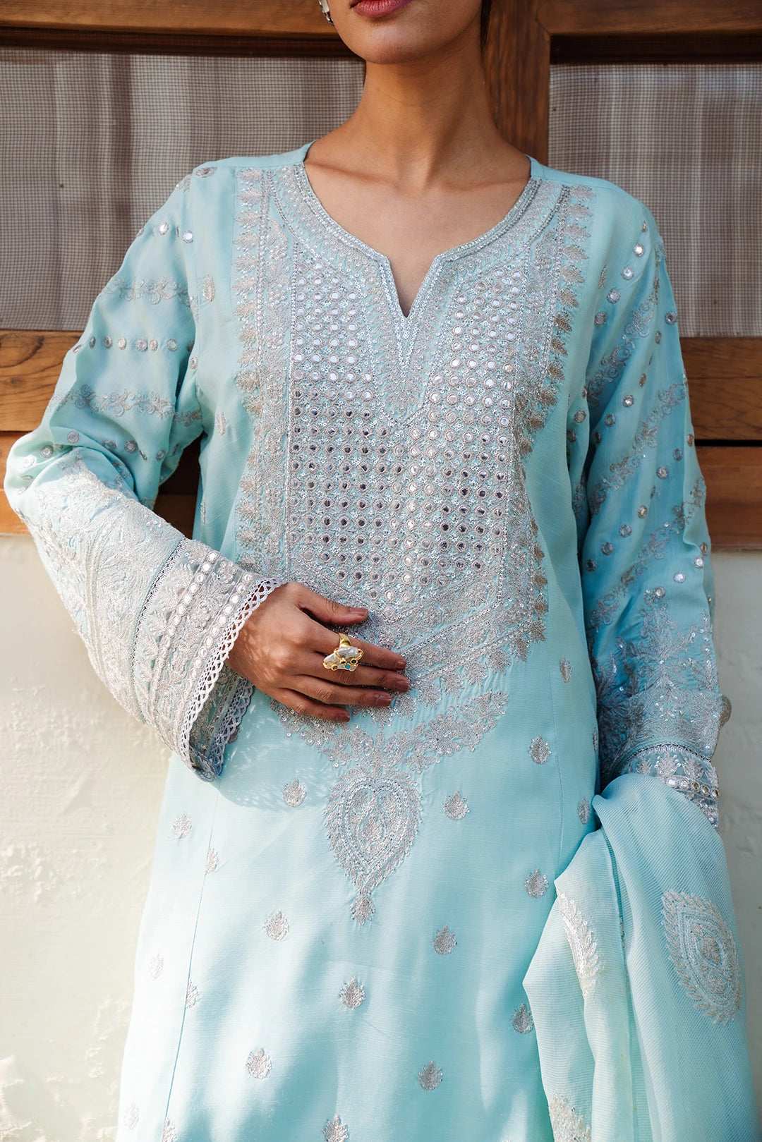 3 Piece Embroidered Raw Silk Suit