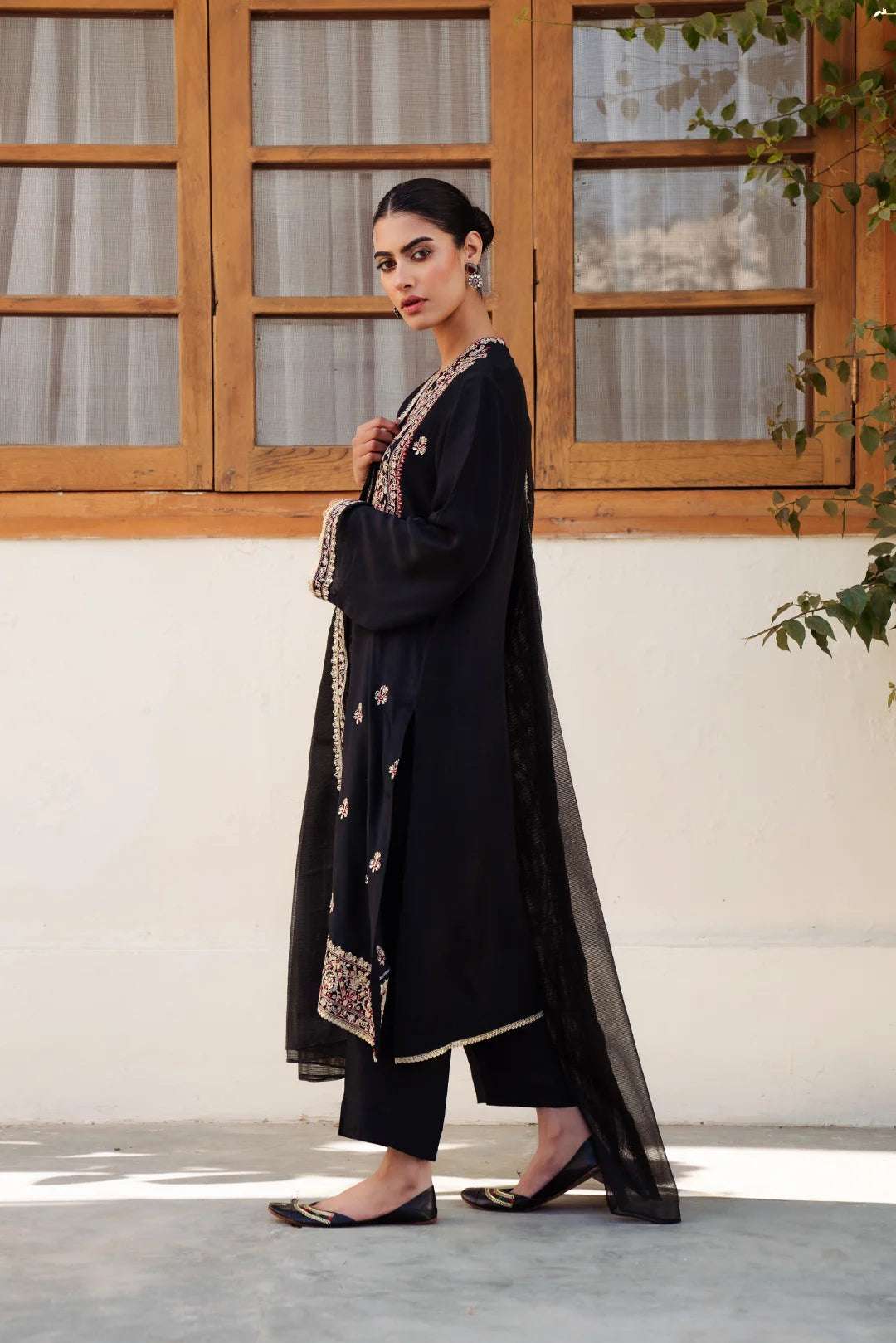 3 Piece Embroidered Raw Silk Suit