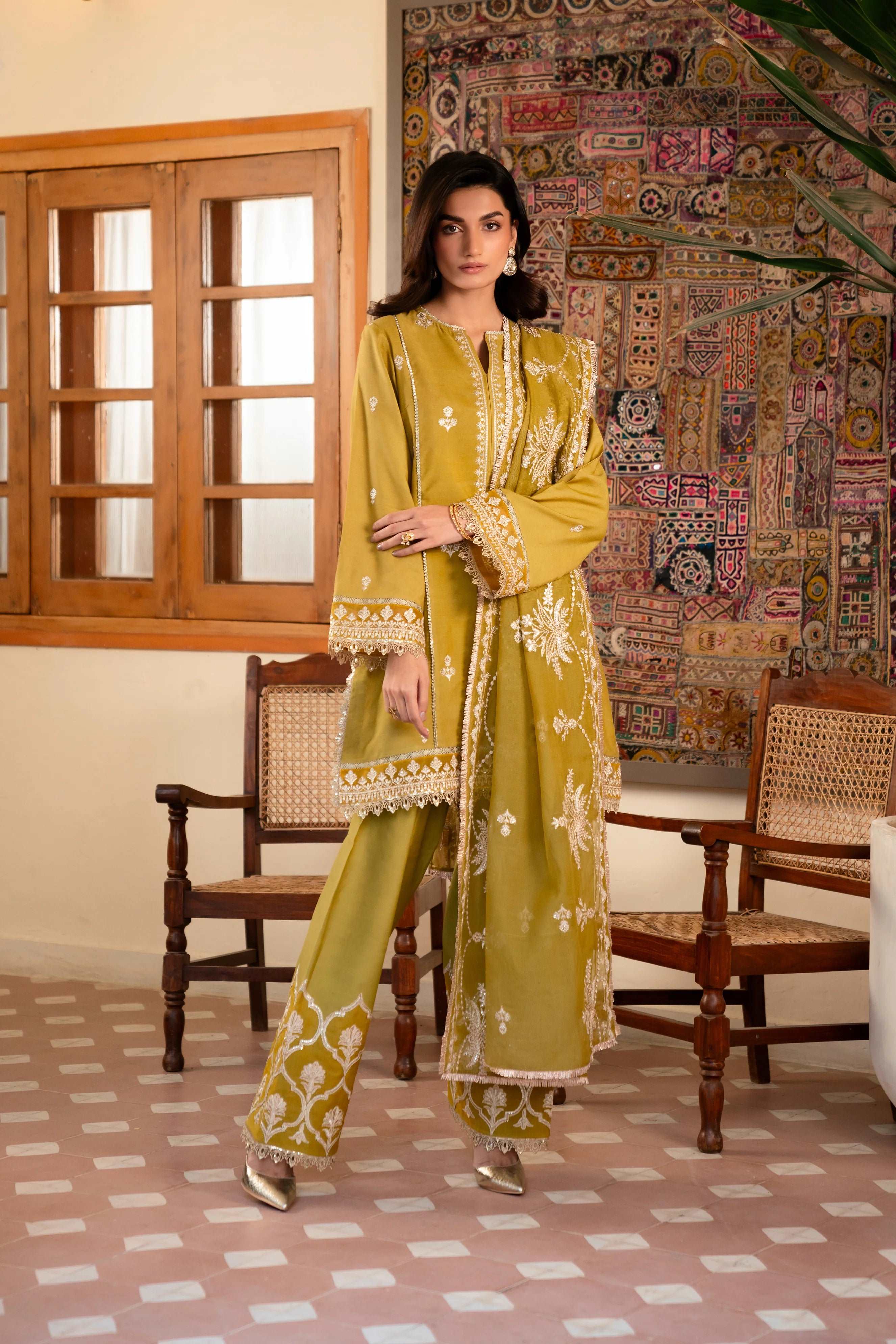 3 Piece Embroidered Raw Silk Suit