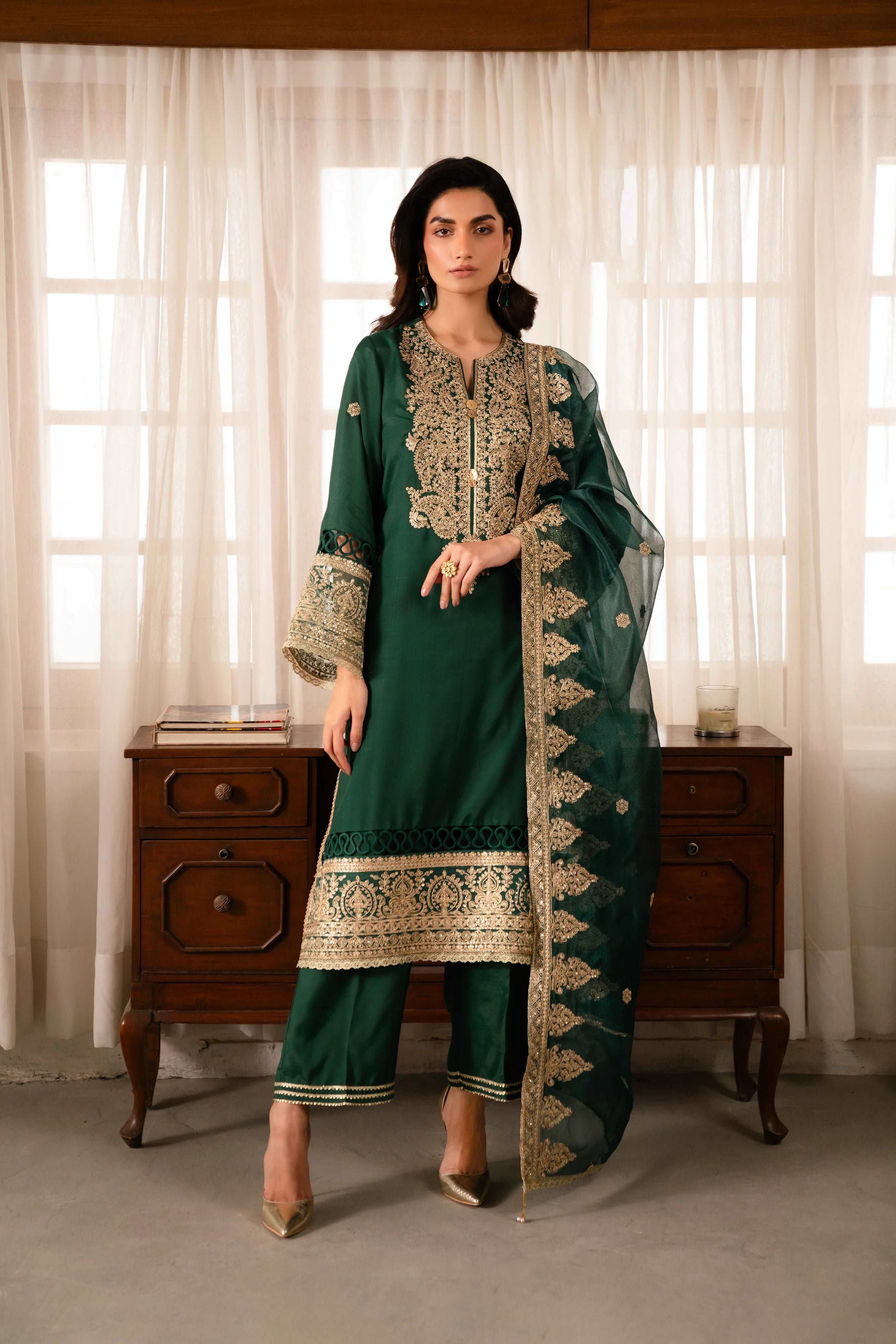 3 Piece Embroidered Raw Silk Suit