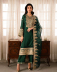 3 Piece Embroidered Raw Silk Suit