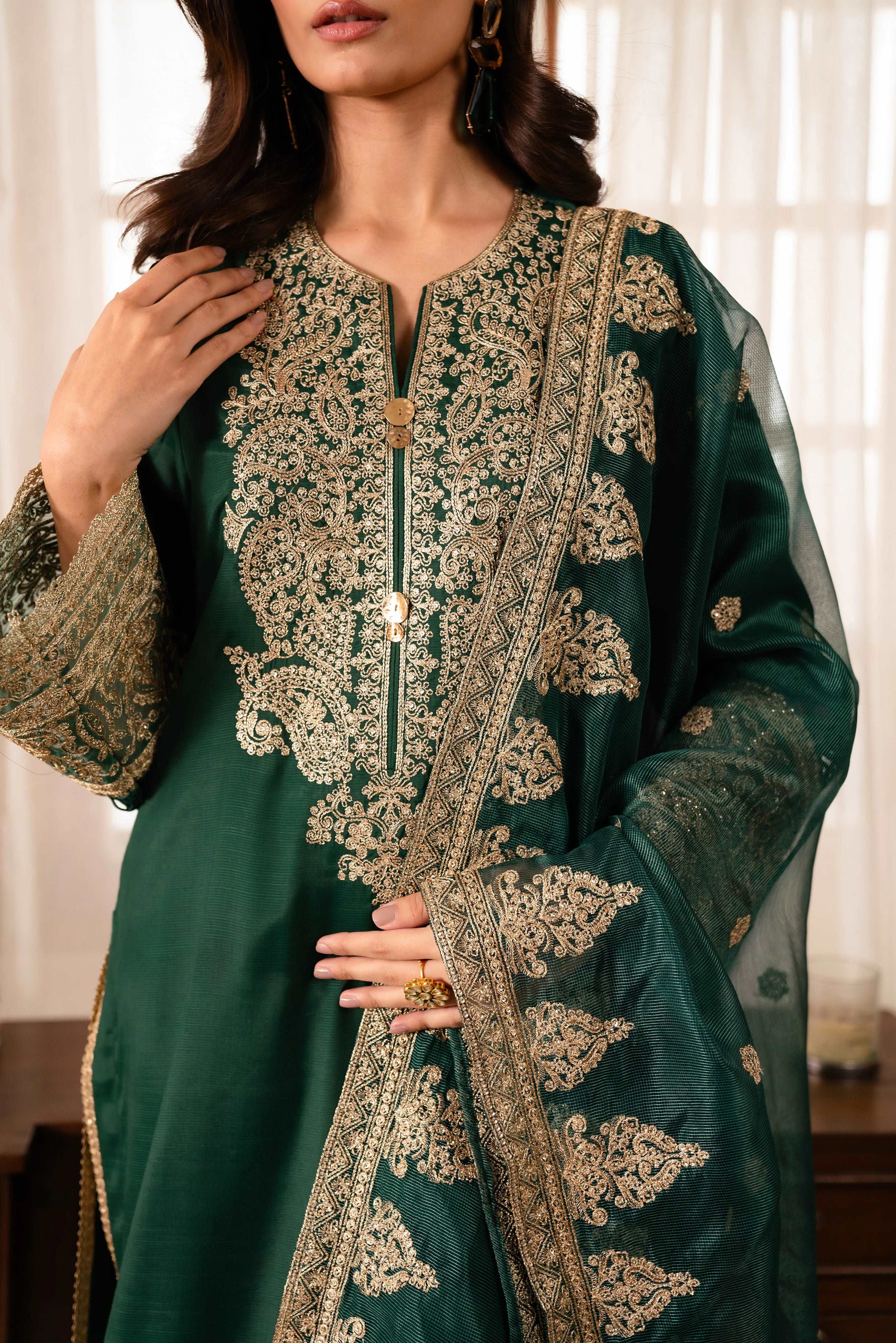 3 Piece Embroidered Raw Silk Suit