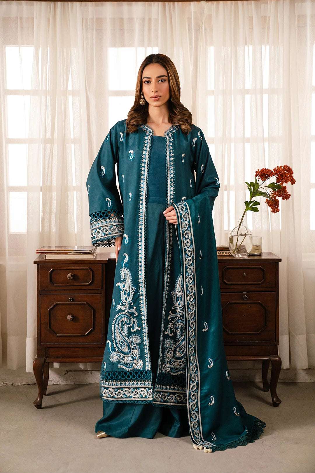 3 Piece Embroidered Raw Silk Suit