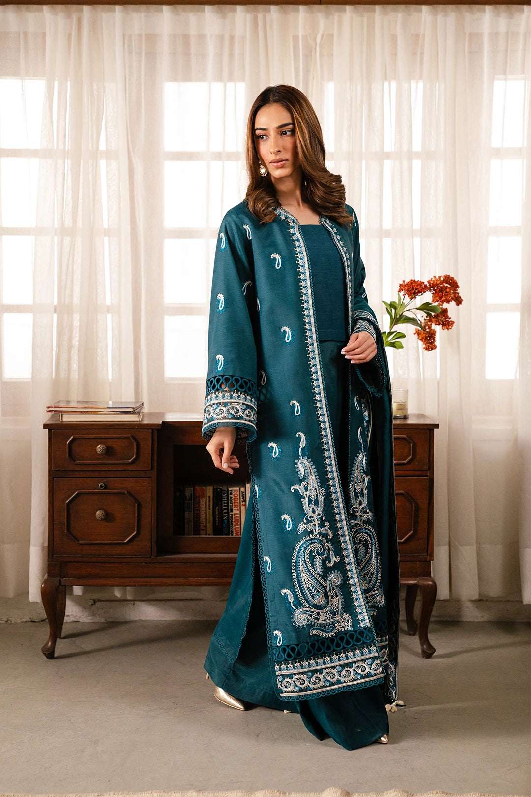 3 Piece Embroidered Raw Silk Suit