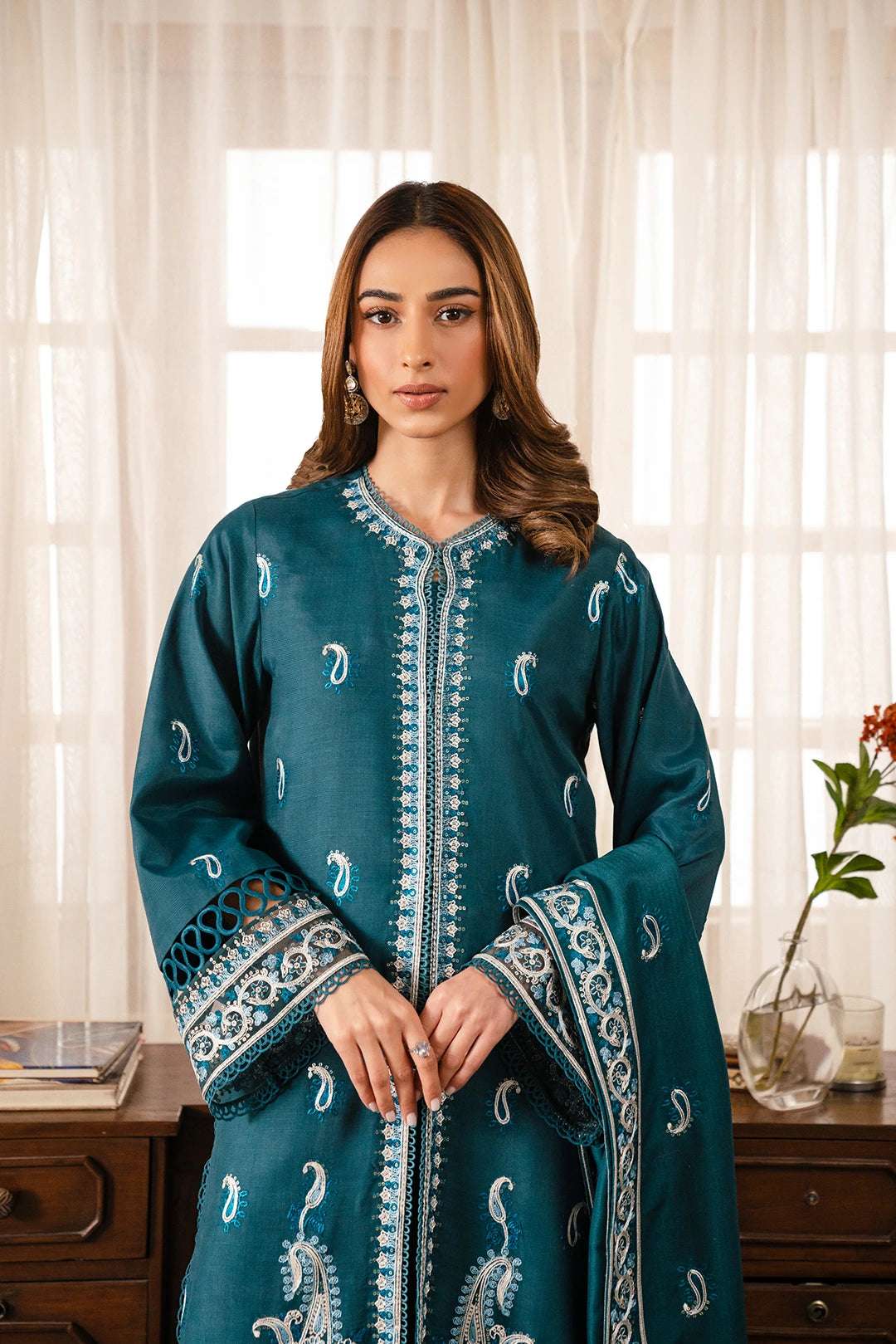 3 Piece Embroidered Raw Silk Suit