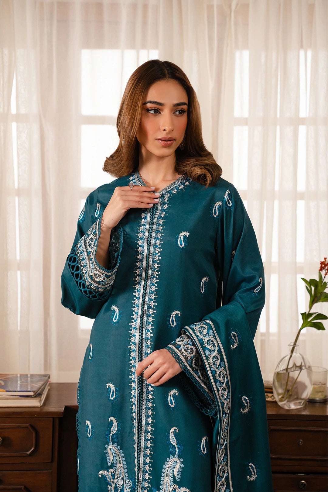 3 Piece Embroidered Raw Silk Suit