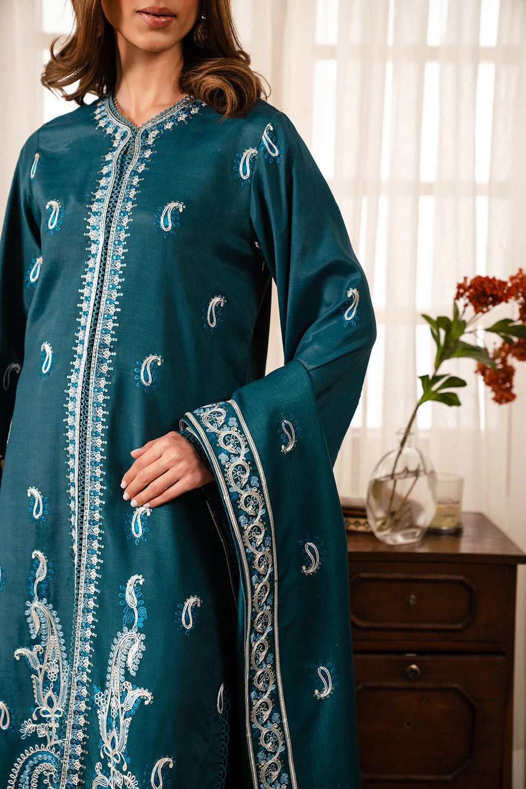 3 Piece Embroidered Raw Silk Suit