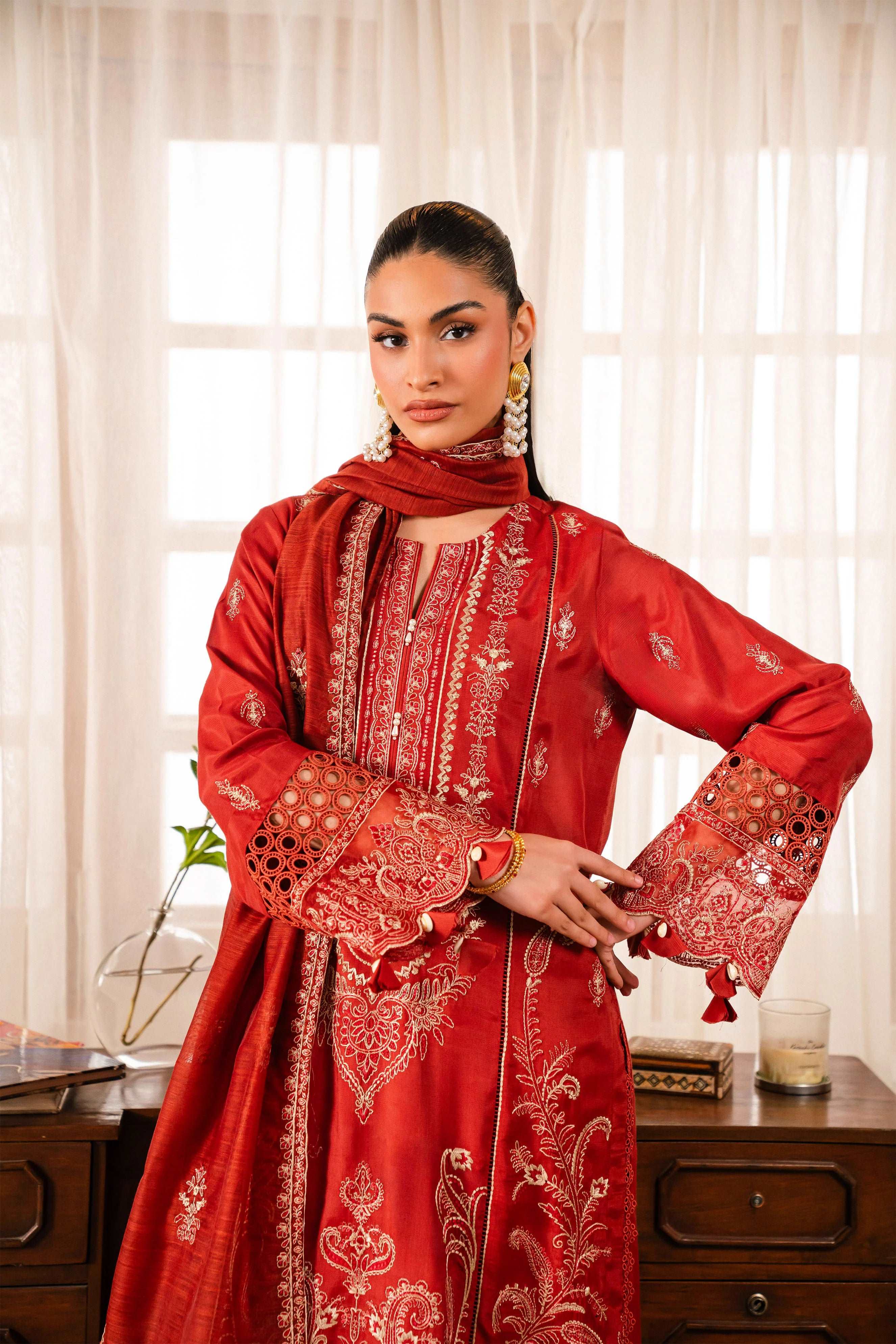 3 Piece Embroidered Raw Silk Suit Unstitched Winter-24