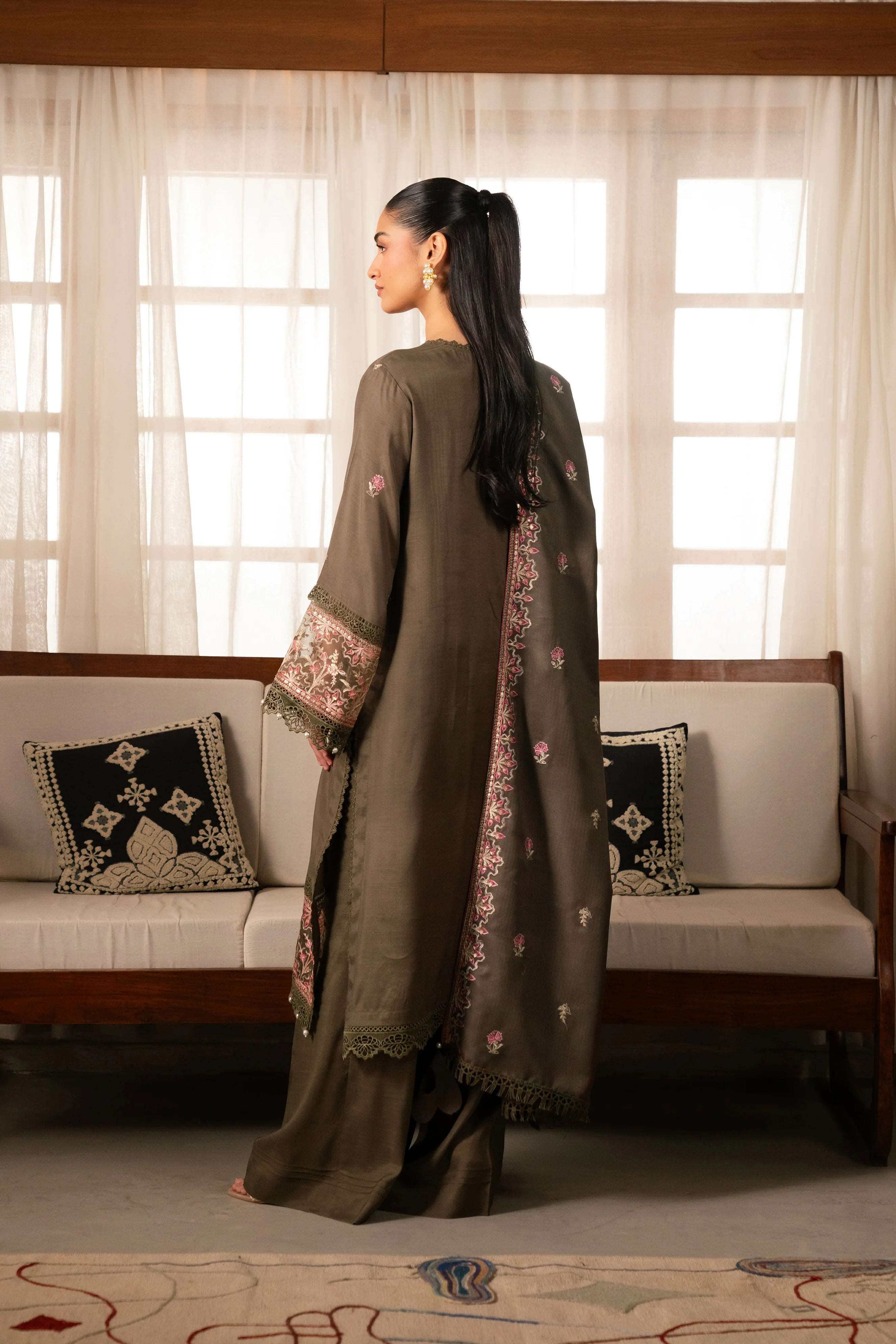 3 Piece Embroidered Raw Silk Suit