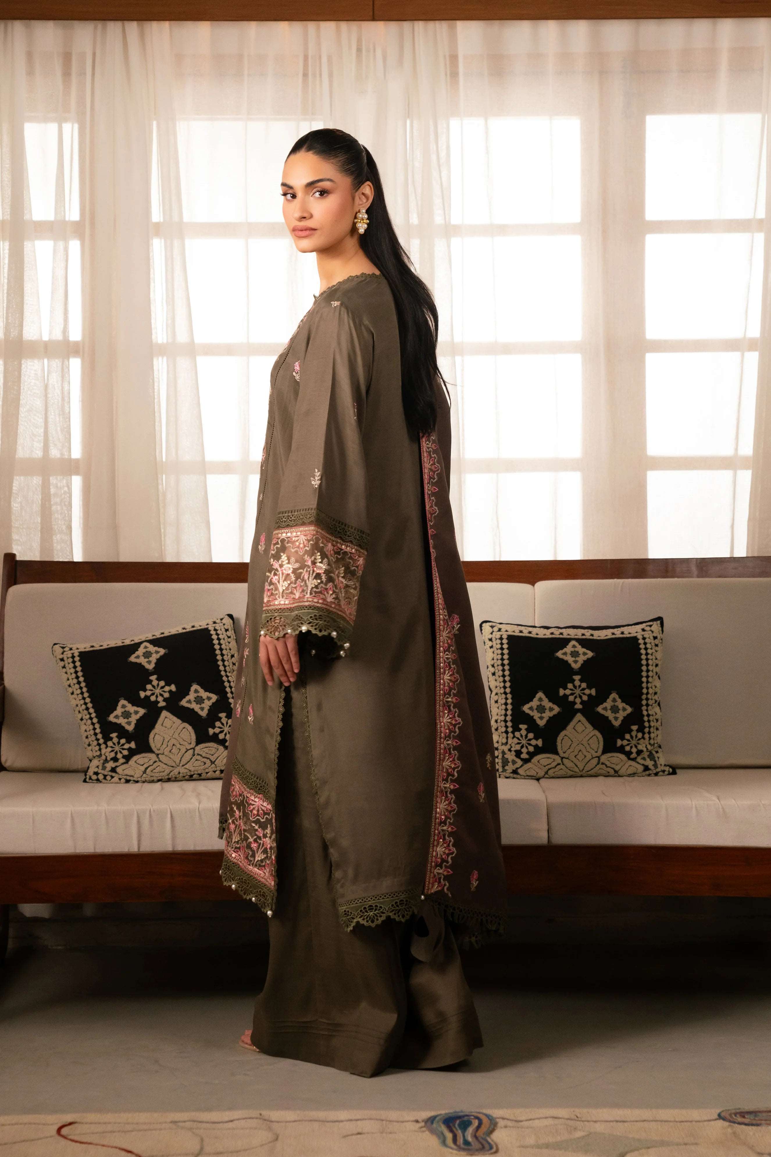 3 Piece Embroidered Raw Silk Suit