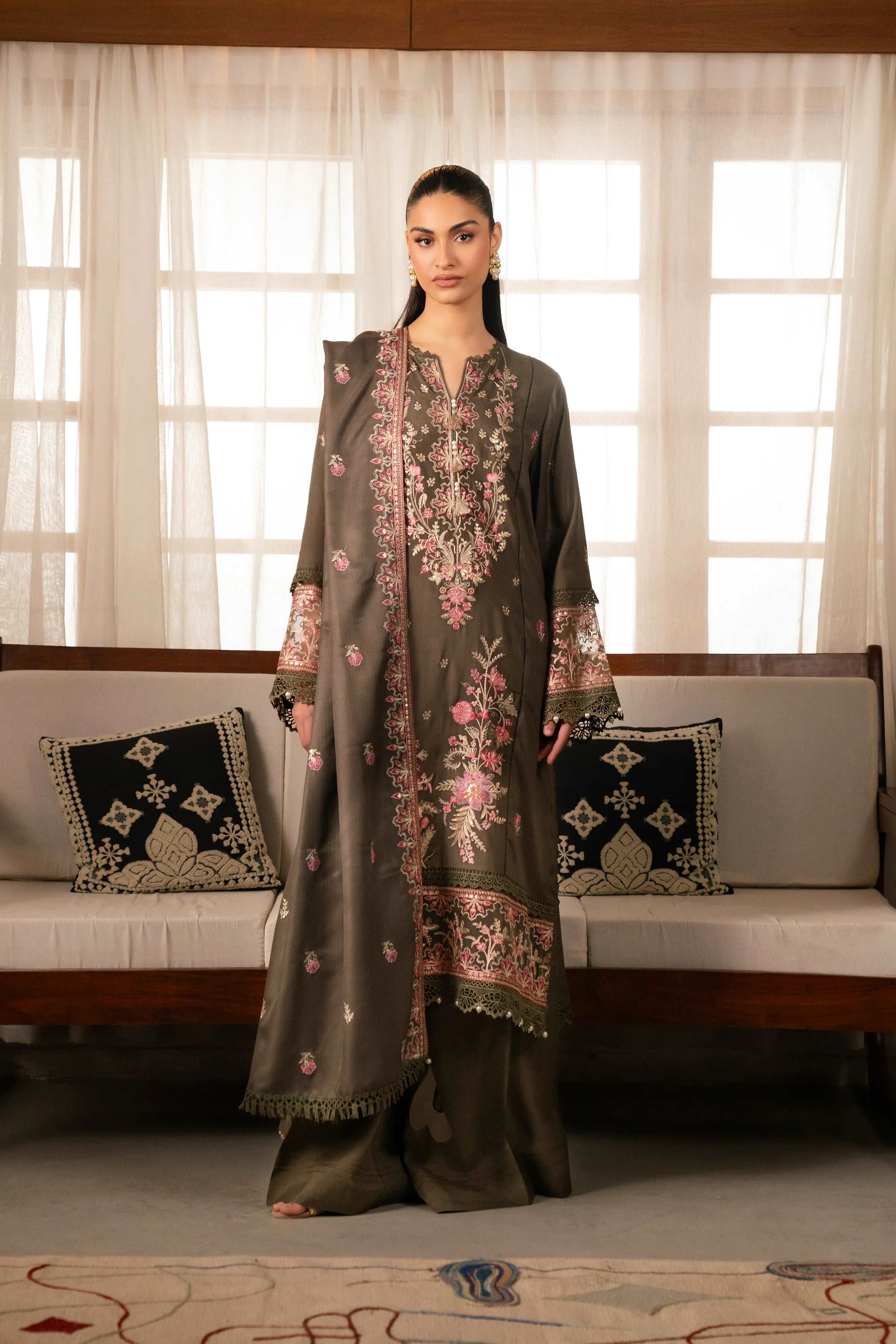 3 Piece Embroidered Raw Silk Suit