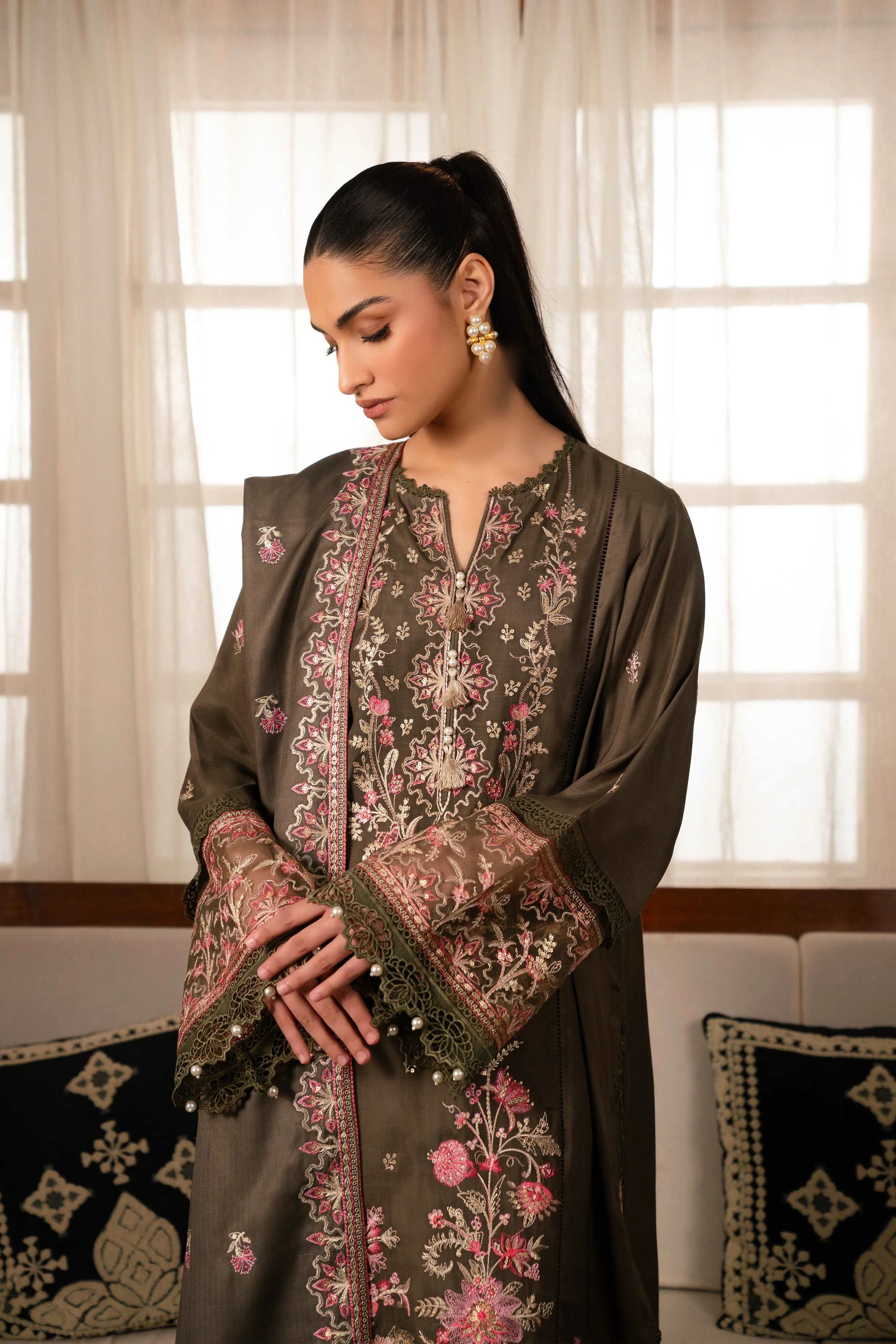 3 Piece Embroidered Raw Silk Suit