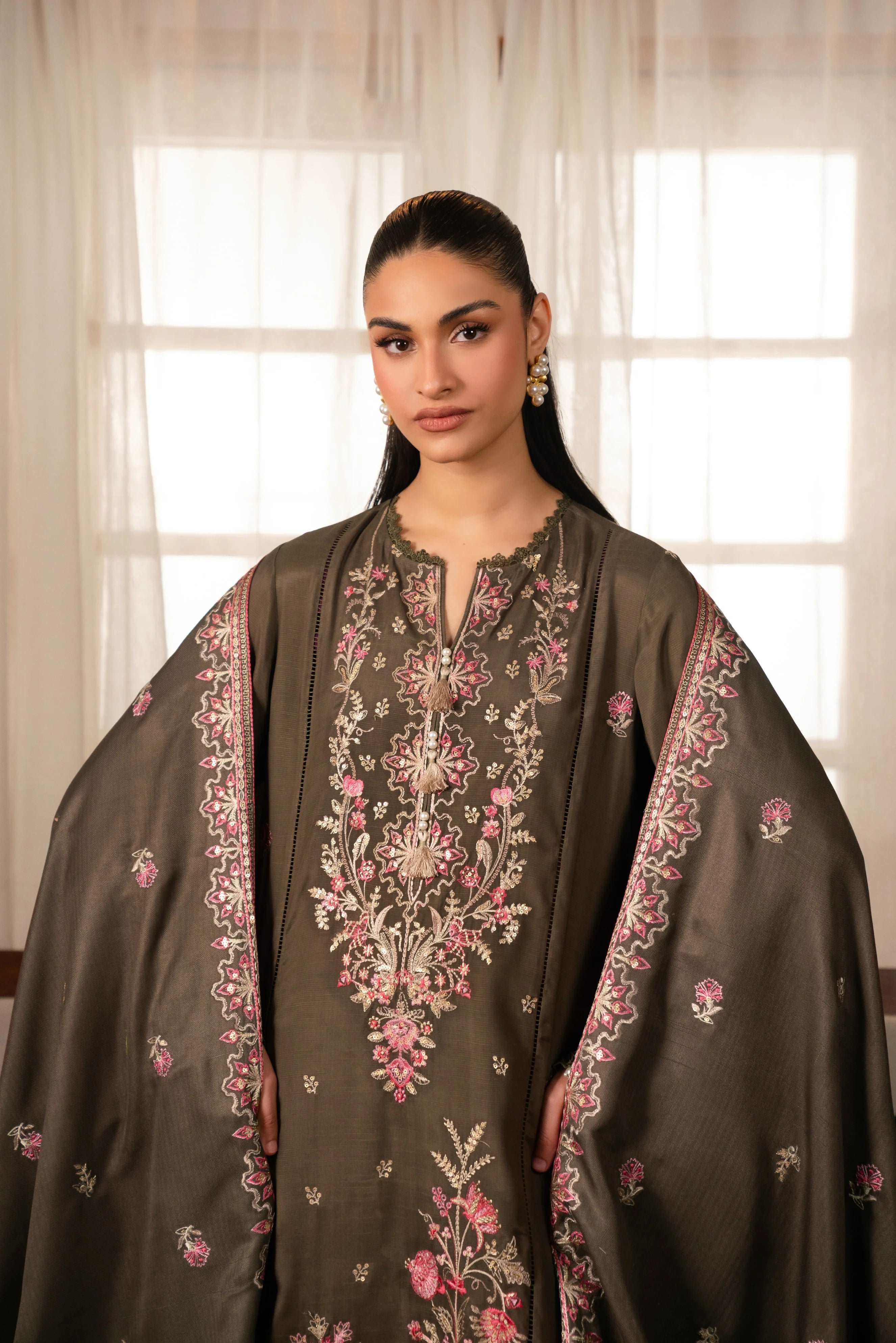 3 Piece Embroidered Raw Silk Suit