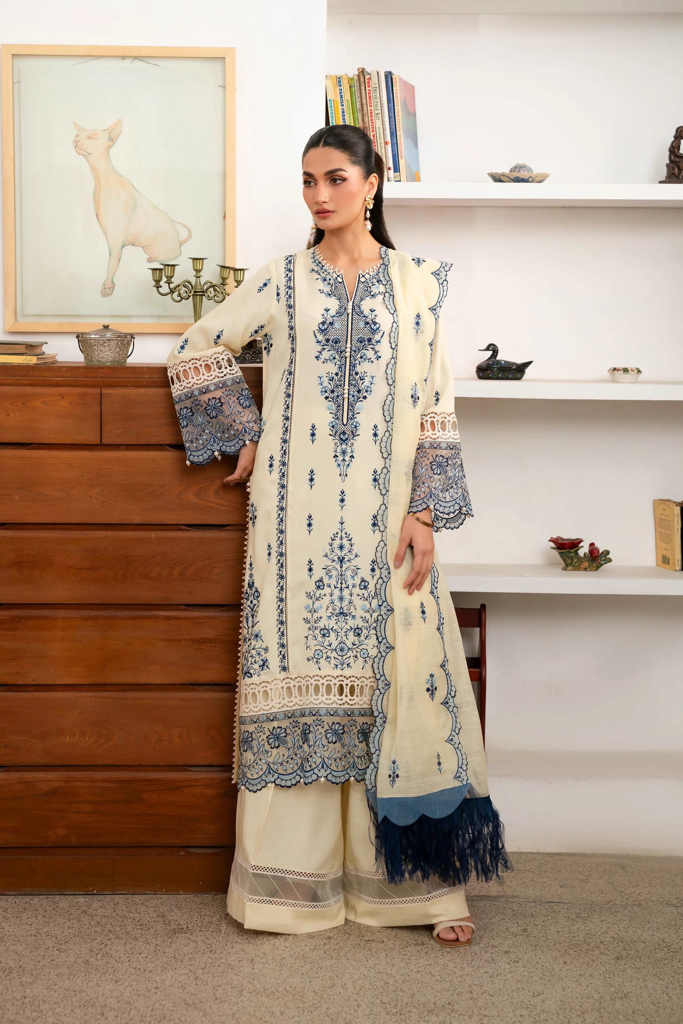 3 Piece Embroidered Raw Silk Suit