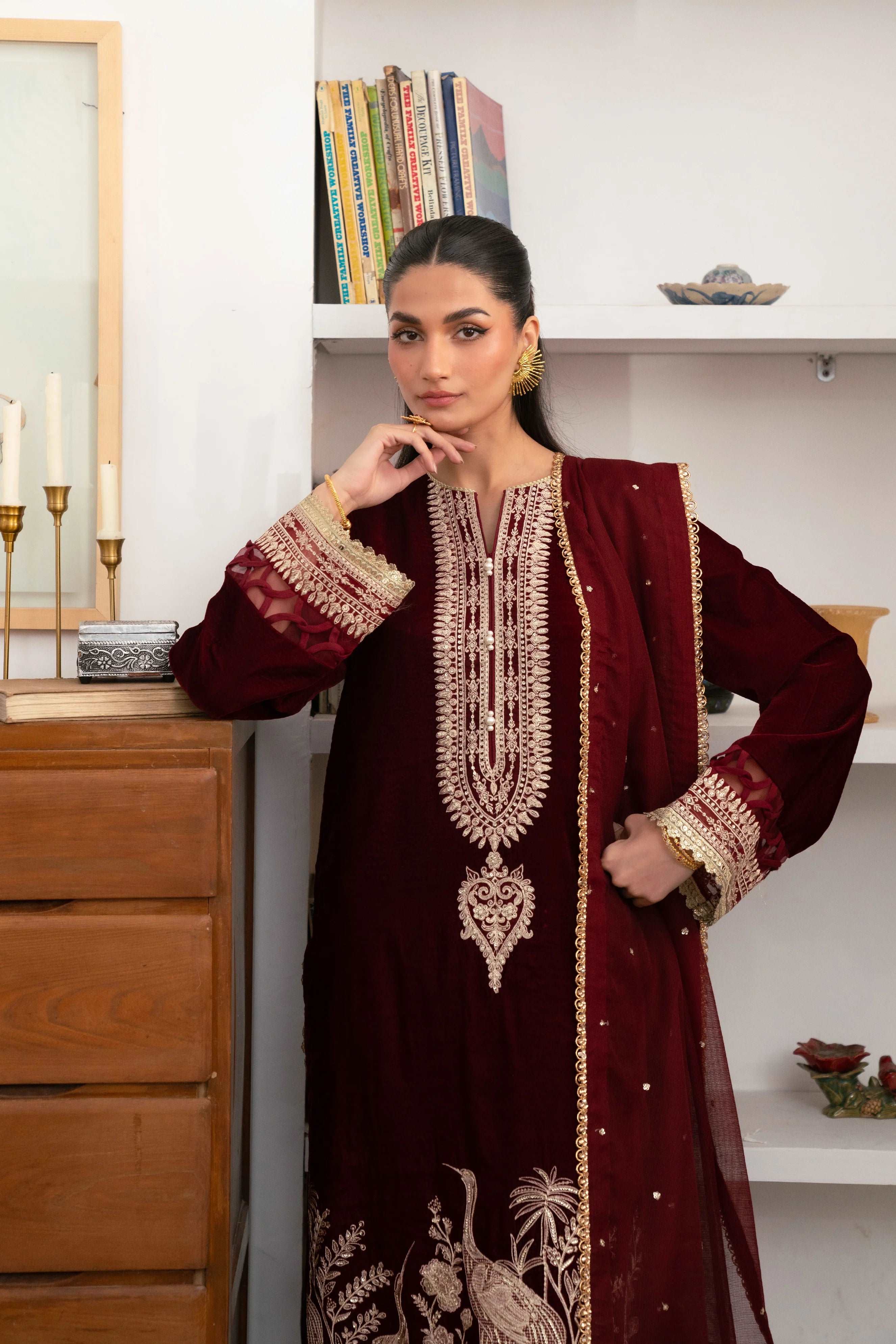 3 Piece Embroidered Velvet Suit Unstitched Winter-24