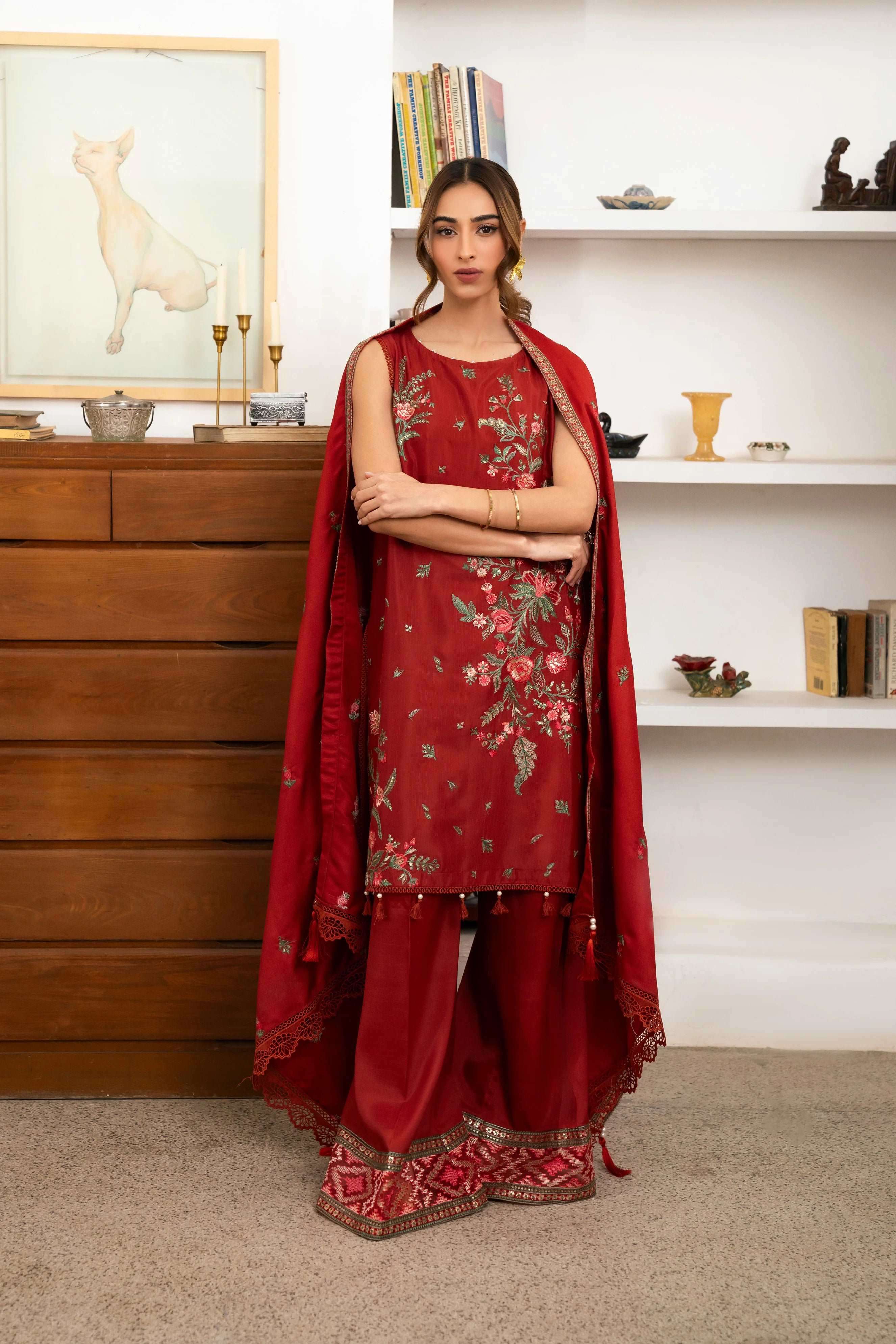 3 Piece Embroidered Raw Silk Suit