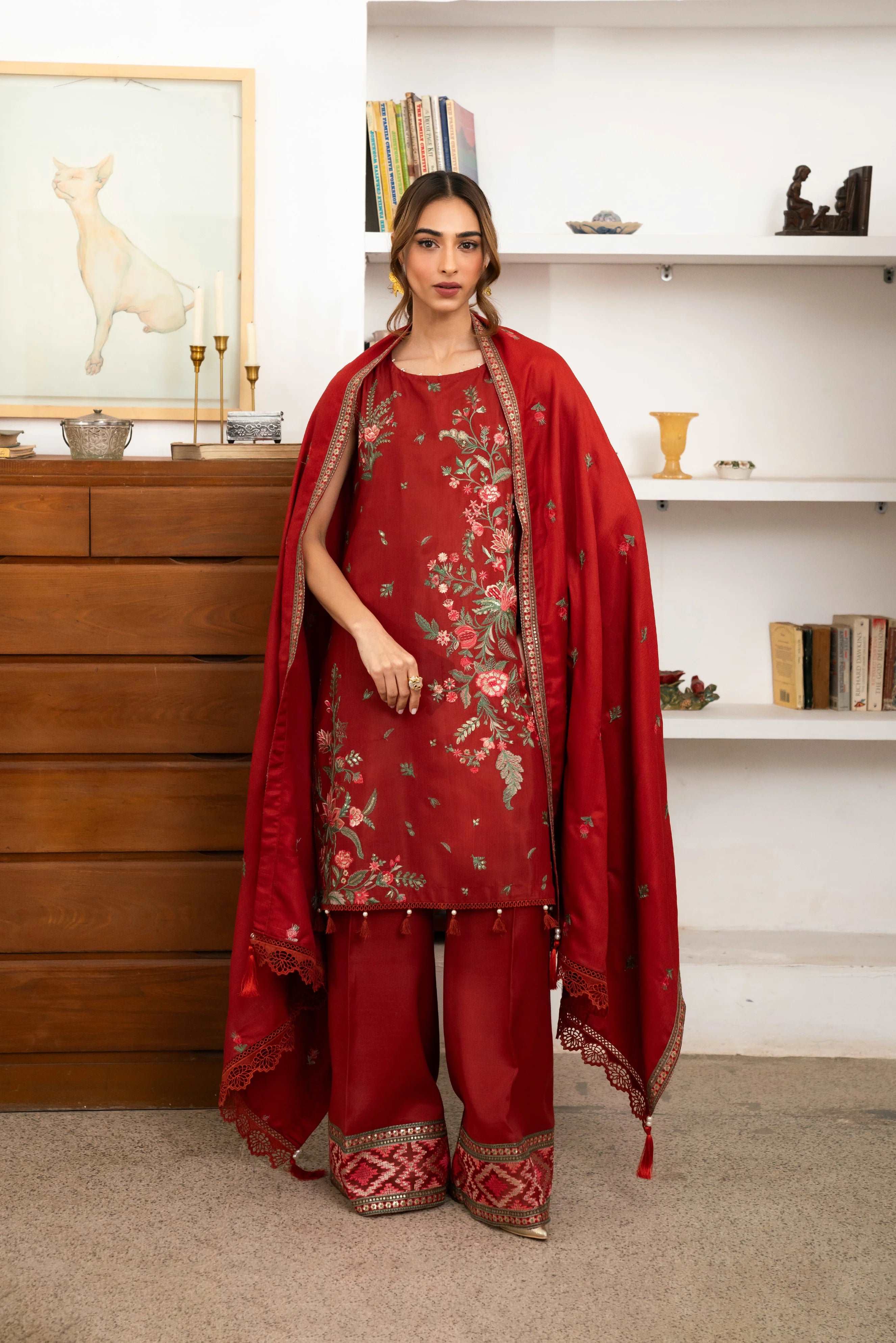 3 Piece Embroidered Raw Silk Suit