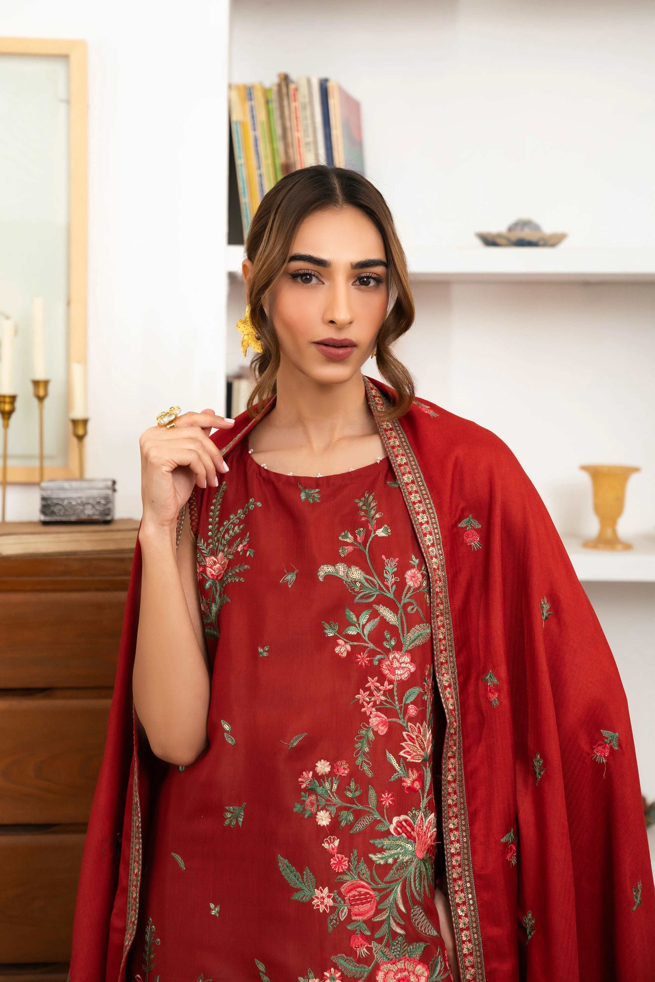 3 Piece Embroidered Raw Silk Suit