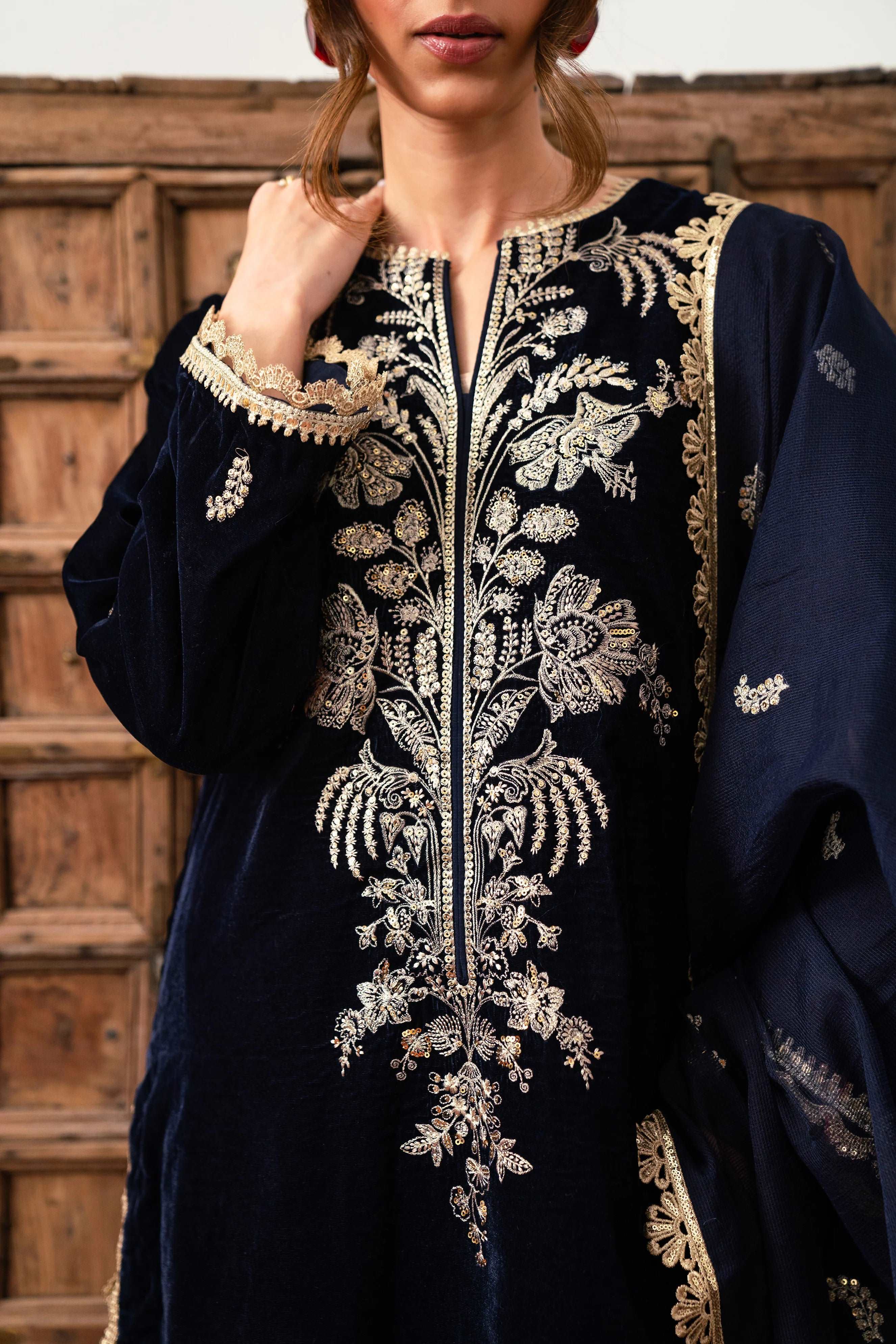 3 Piece Embroidered Velvet Suit Unstitched Winter-24