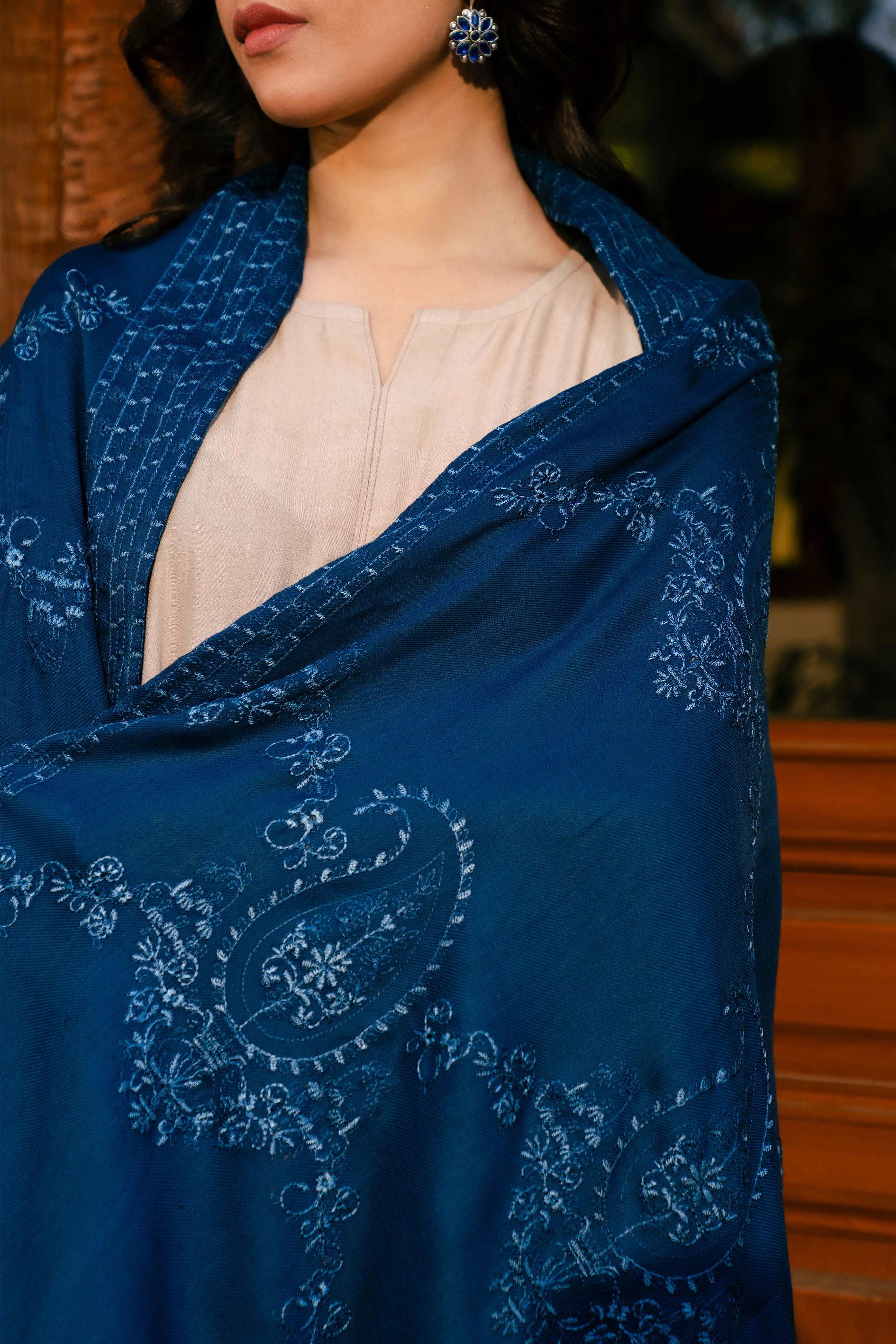 Blue Pashmina Embroidered Shawl Shawl Winter - 24