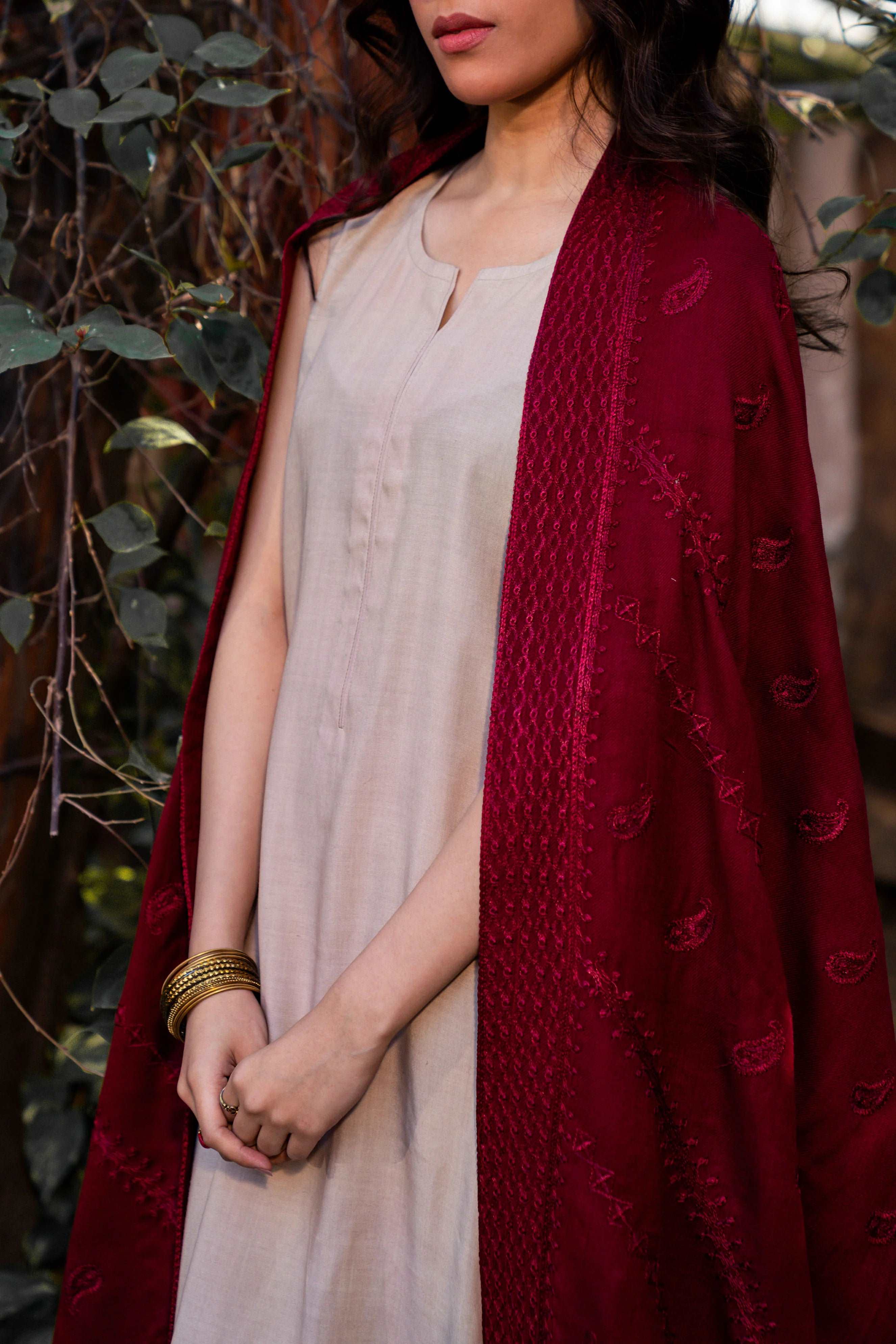 Maroon Pashmina Embroidered Shawl Shawl Winter - 24