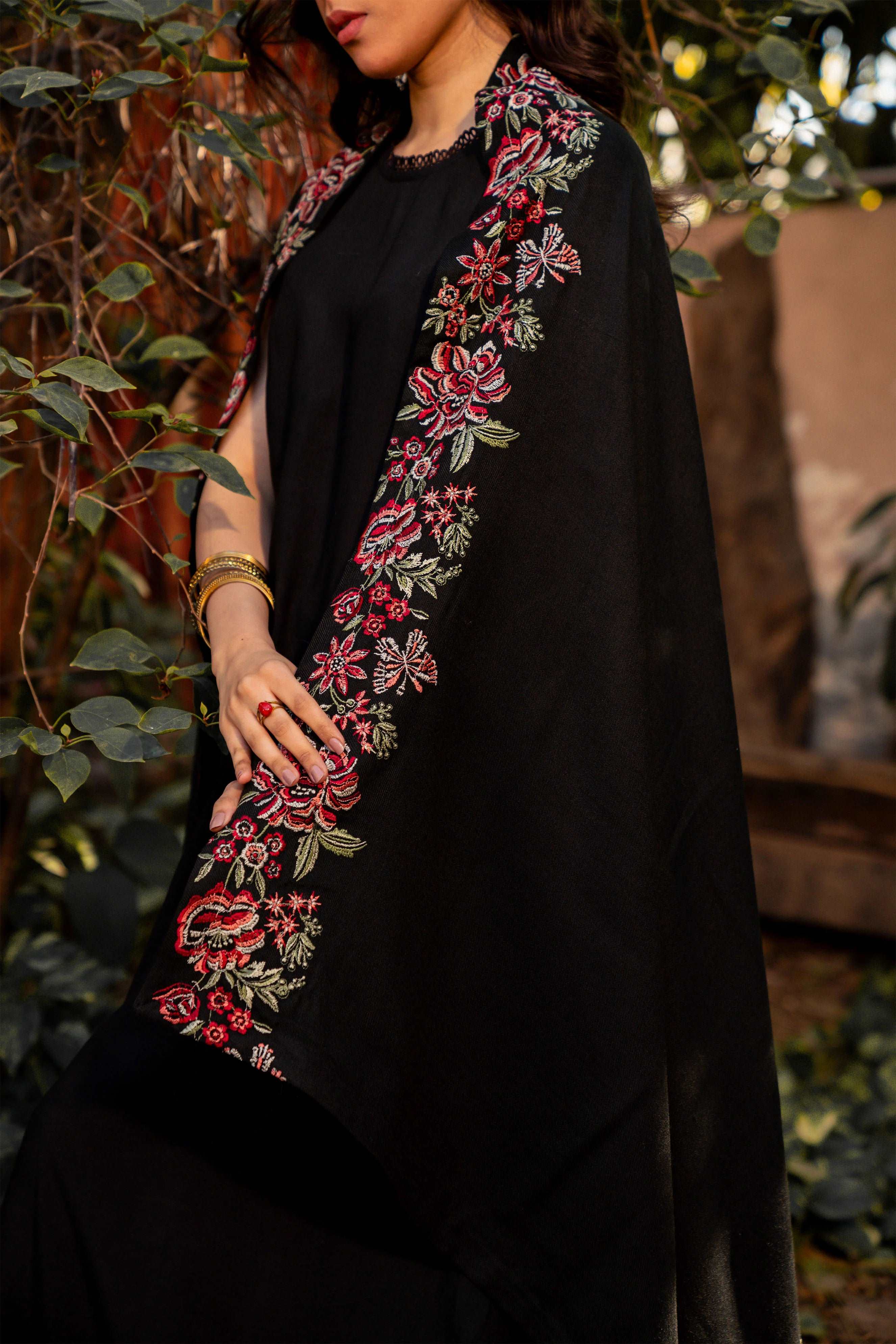 Black Pashmina Embroidered Shawl Shawl Winter - 24