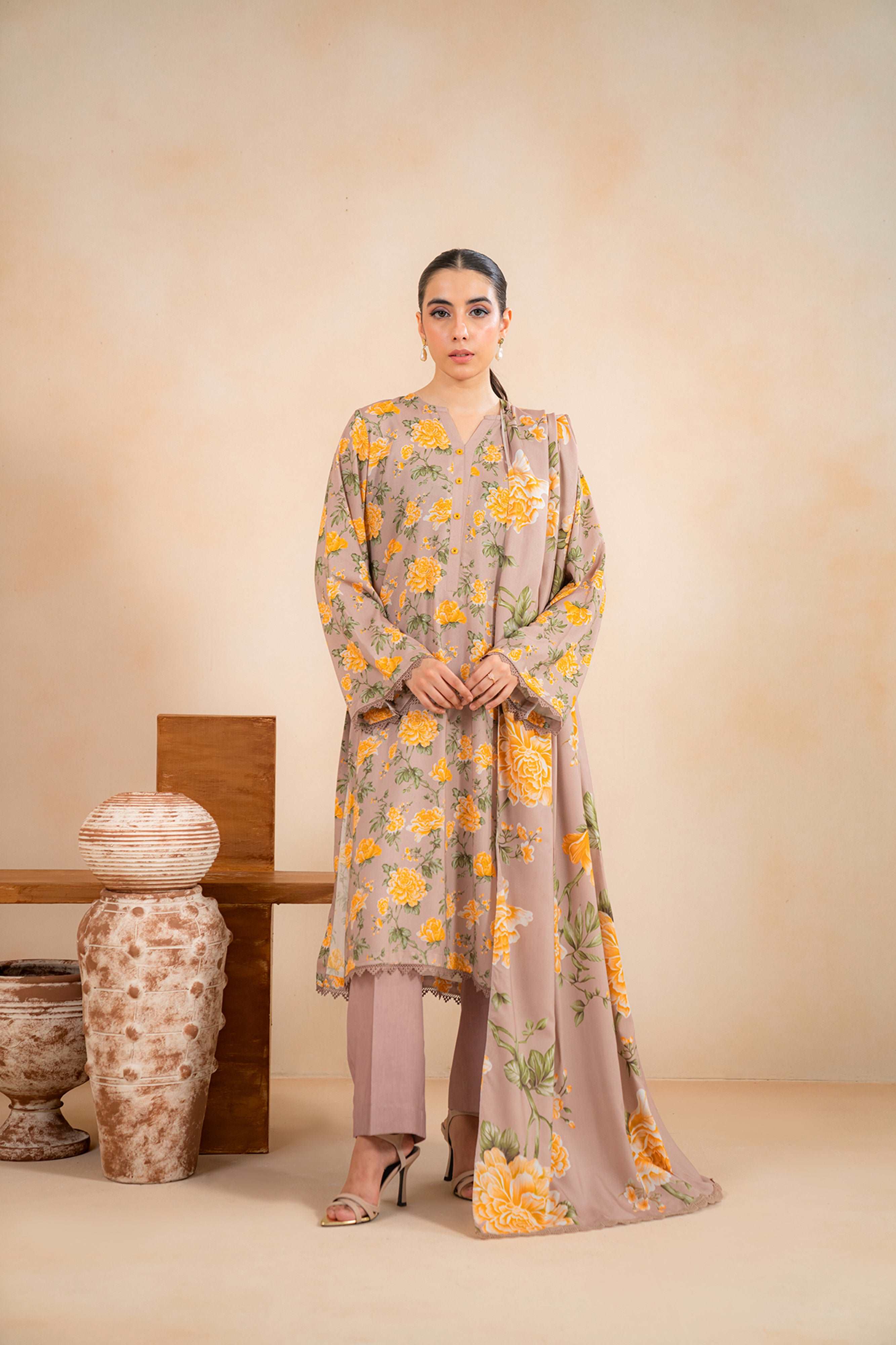 3 Piece Printed Linen Suit Unstitched Winter-24