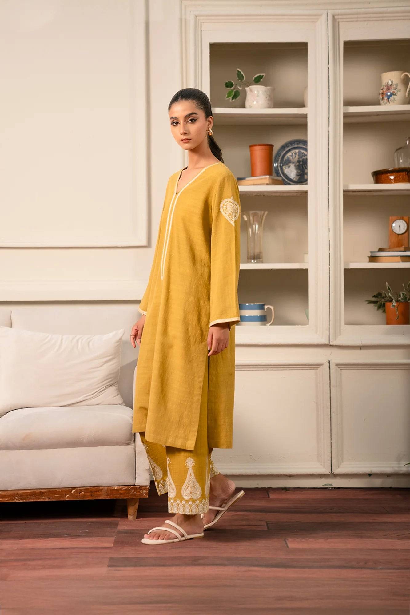 Embroidered Khaddar 2 Piece Suit Mustard